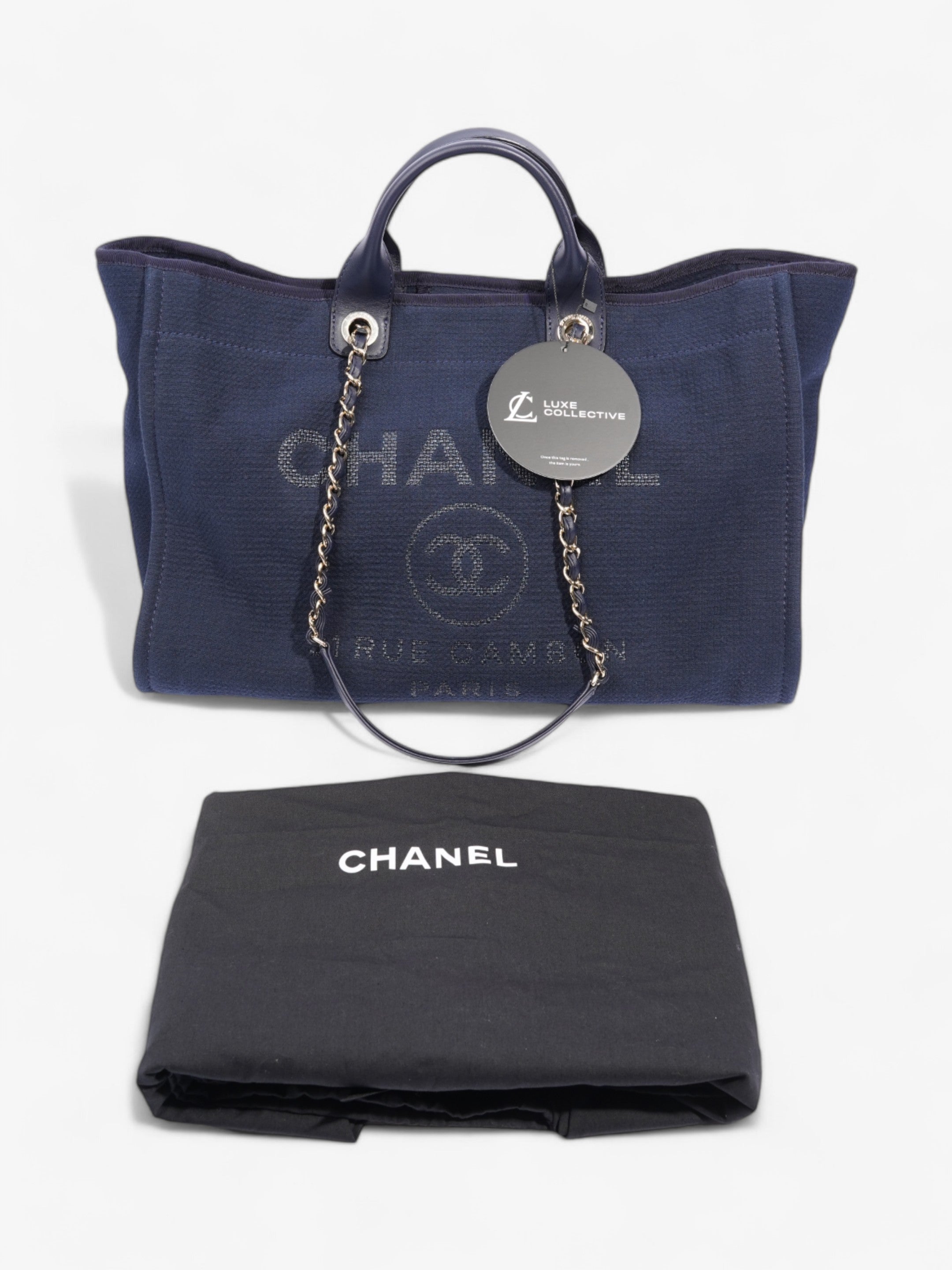 Chanel Deauville Tote Navy Blue Fabric Large