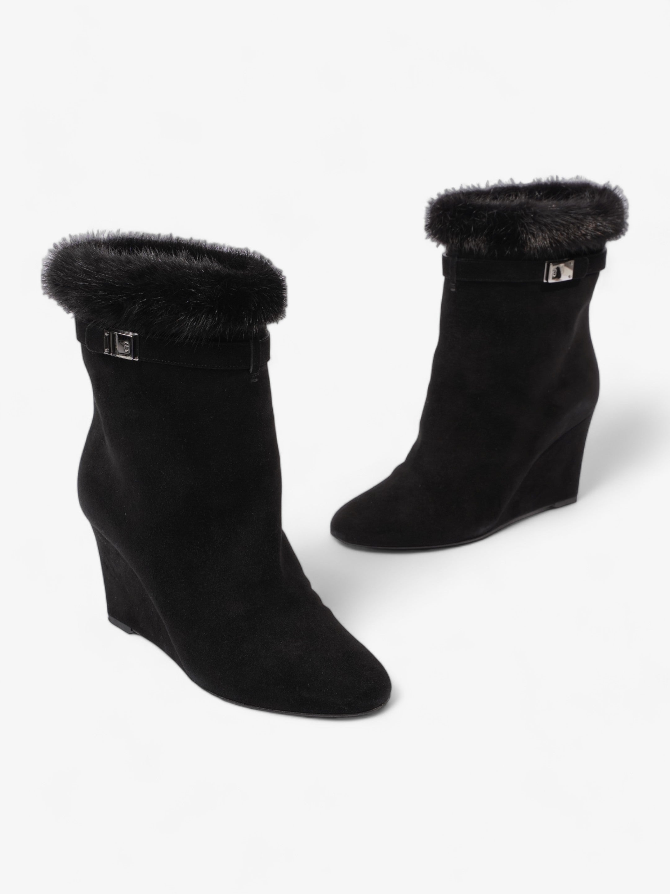 Christian Dior Fur Trim Ankle Boots 80mm Black Suede EU 37 UK 4