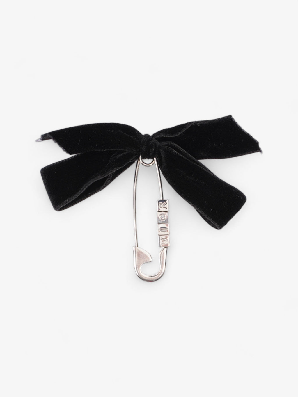 Christian Dior Logo Block Letters with Ribbon Safety Pin Brooch Black / Silver Base Metal