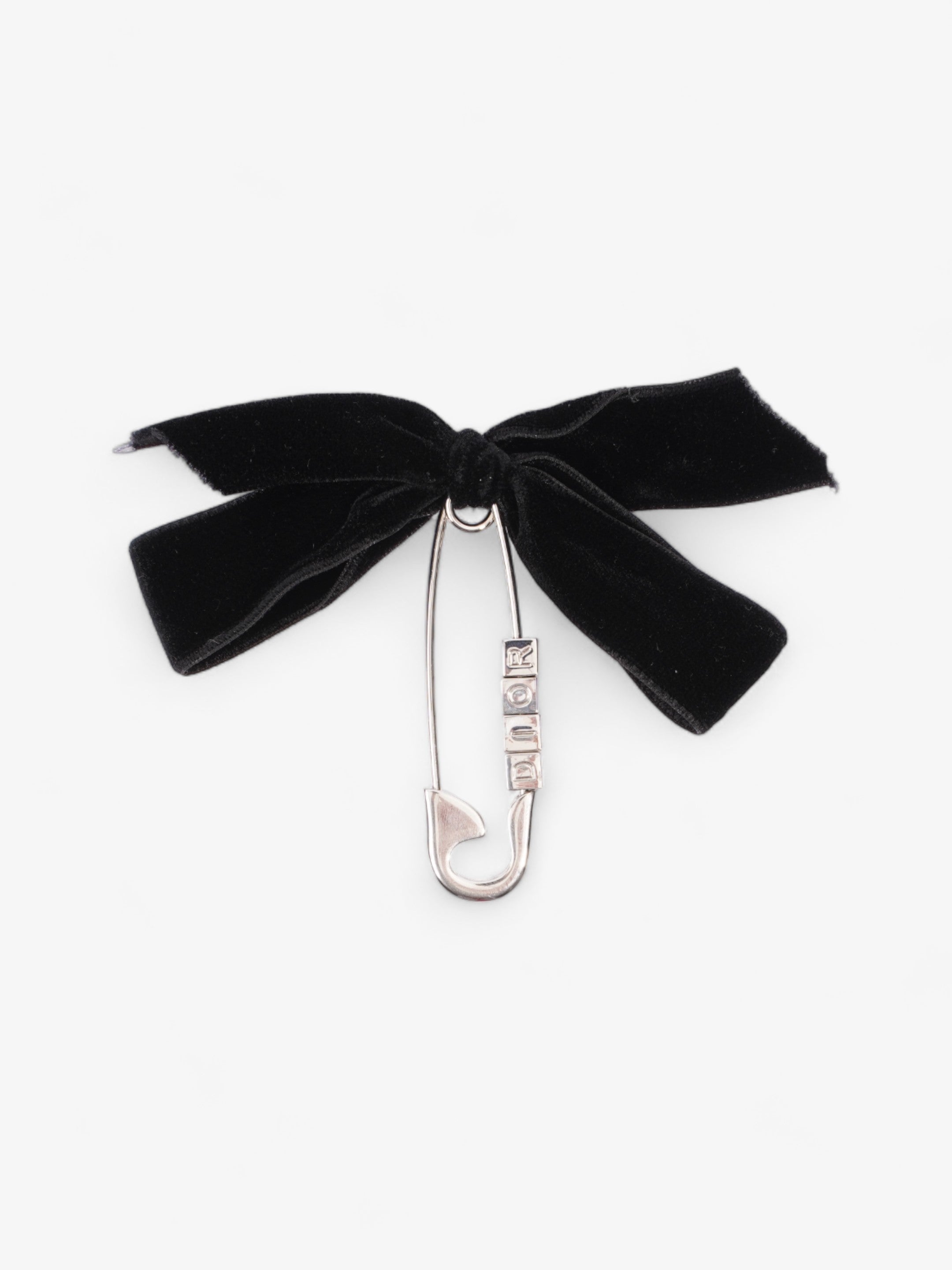 Christian Dior Logo Block Letters with Ribbon Safety Pin Brooch Black / Silver Base Metal