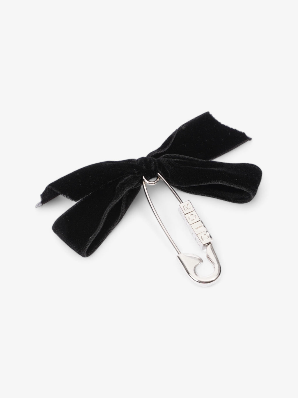 Christian Dior Logo Block Letters with Ribbon Safety Pin Brooch Black / Silver Base Metal