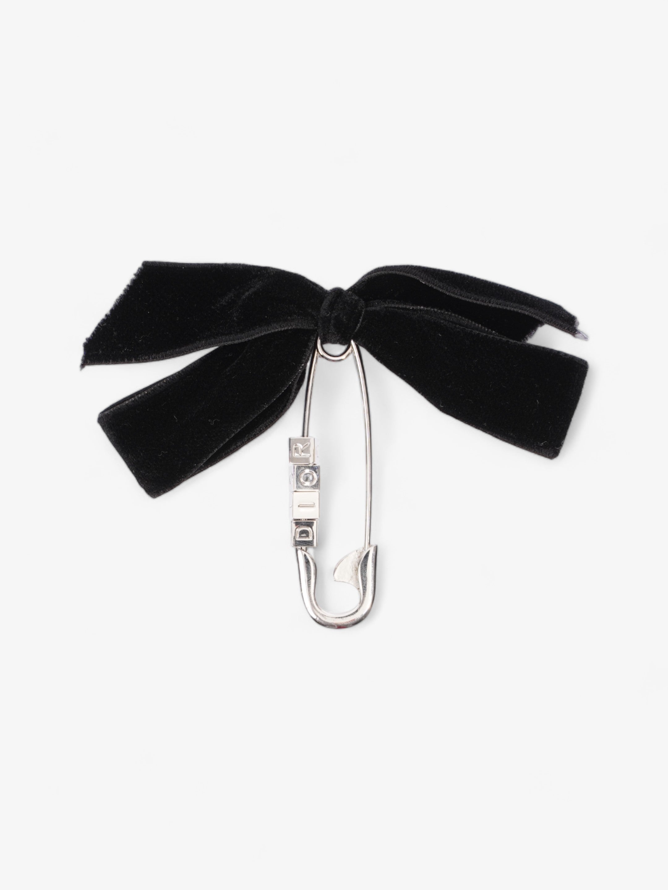 Christian Dior Logo Block Letters with Ribbon Safety Pin Brooch Black / Silver Base Metal