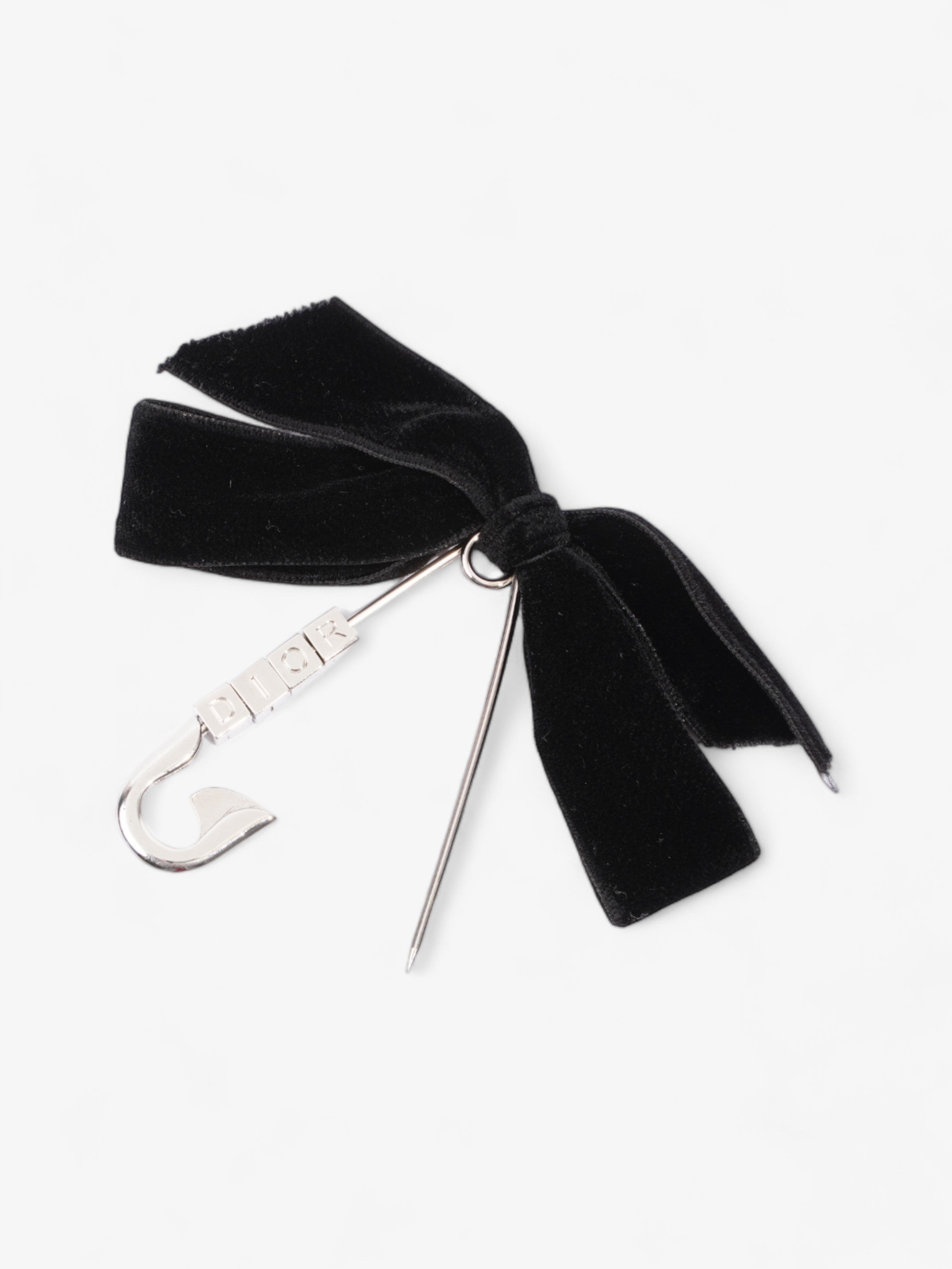 Christian Dior Logo Block Letters with Ribbon Safety Pin Brooch Black / Silver Base Metal