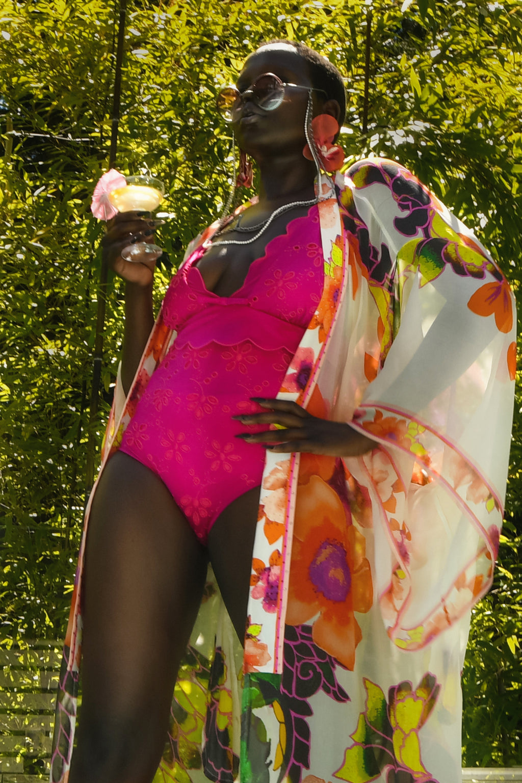 Giambattista Valli Pink Flower Eyelet Lace  One Piece Swimsuit Size 46