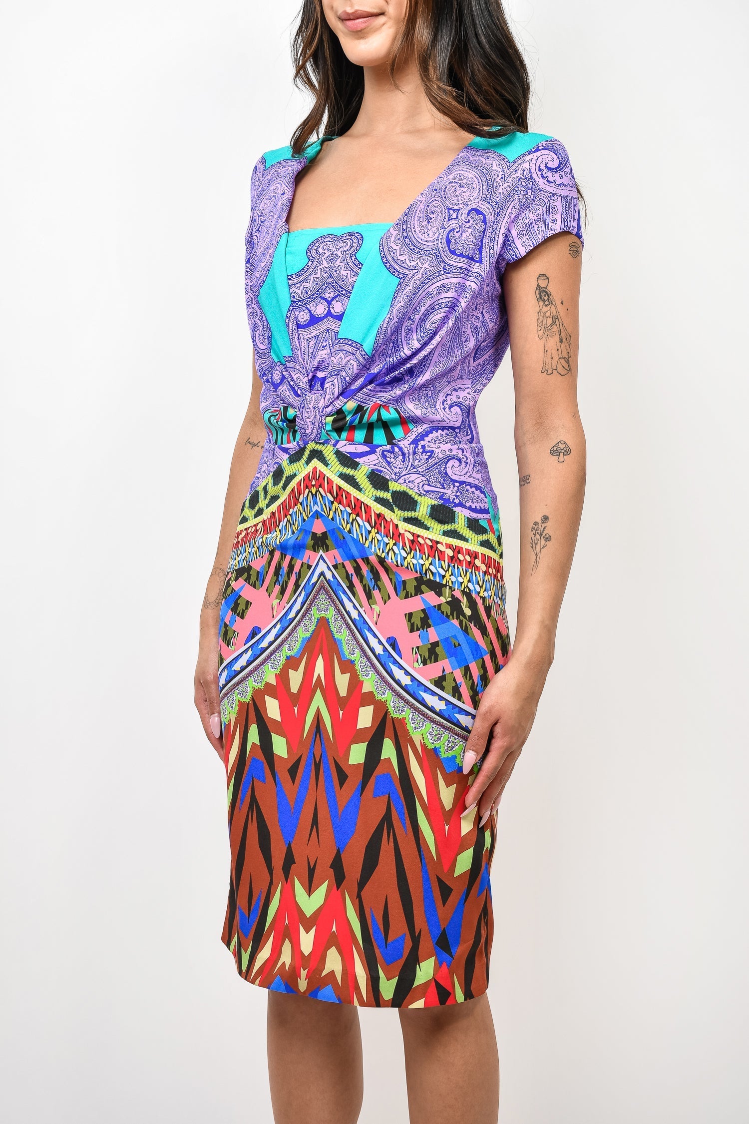 Etro Teal/Purple Printed Cap Sleeve Midi Dress Size 42