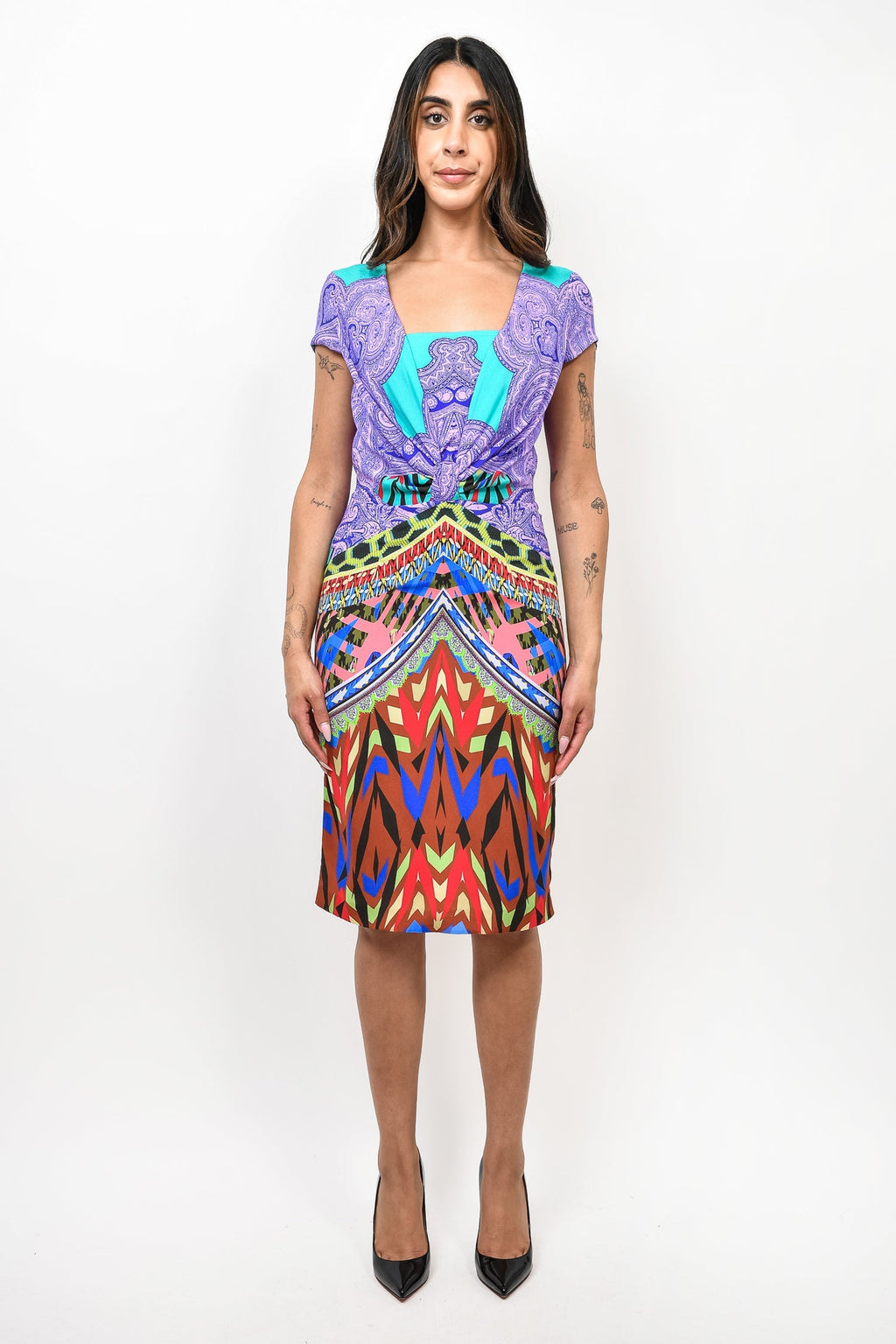 Etro Teal/Purple Printed Cap Sleeve Midi Dress Size 42