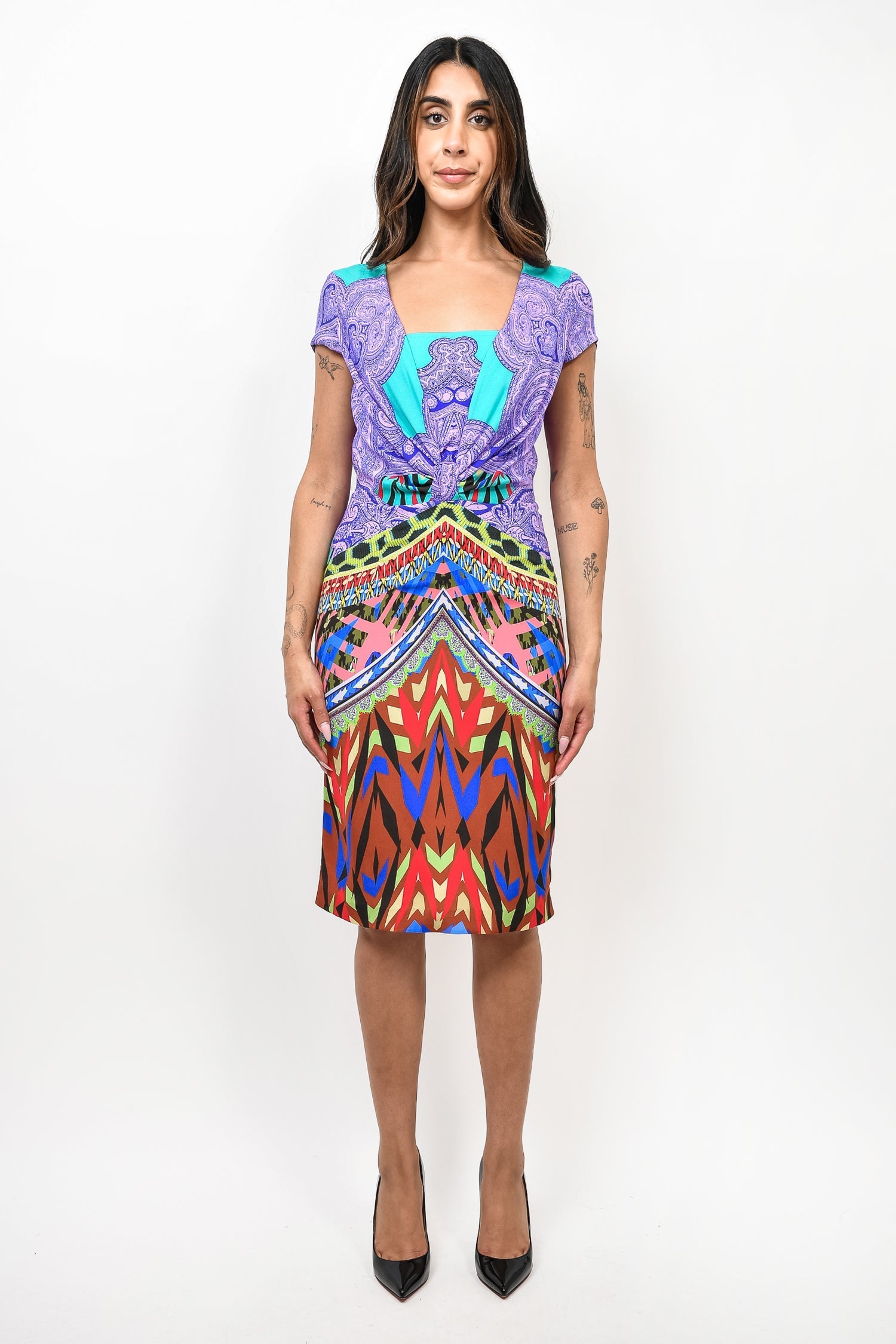 Etro Teal/Purple Printed Cap Sleeve Midi Dress Size 42