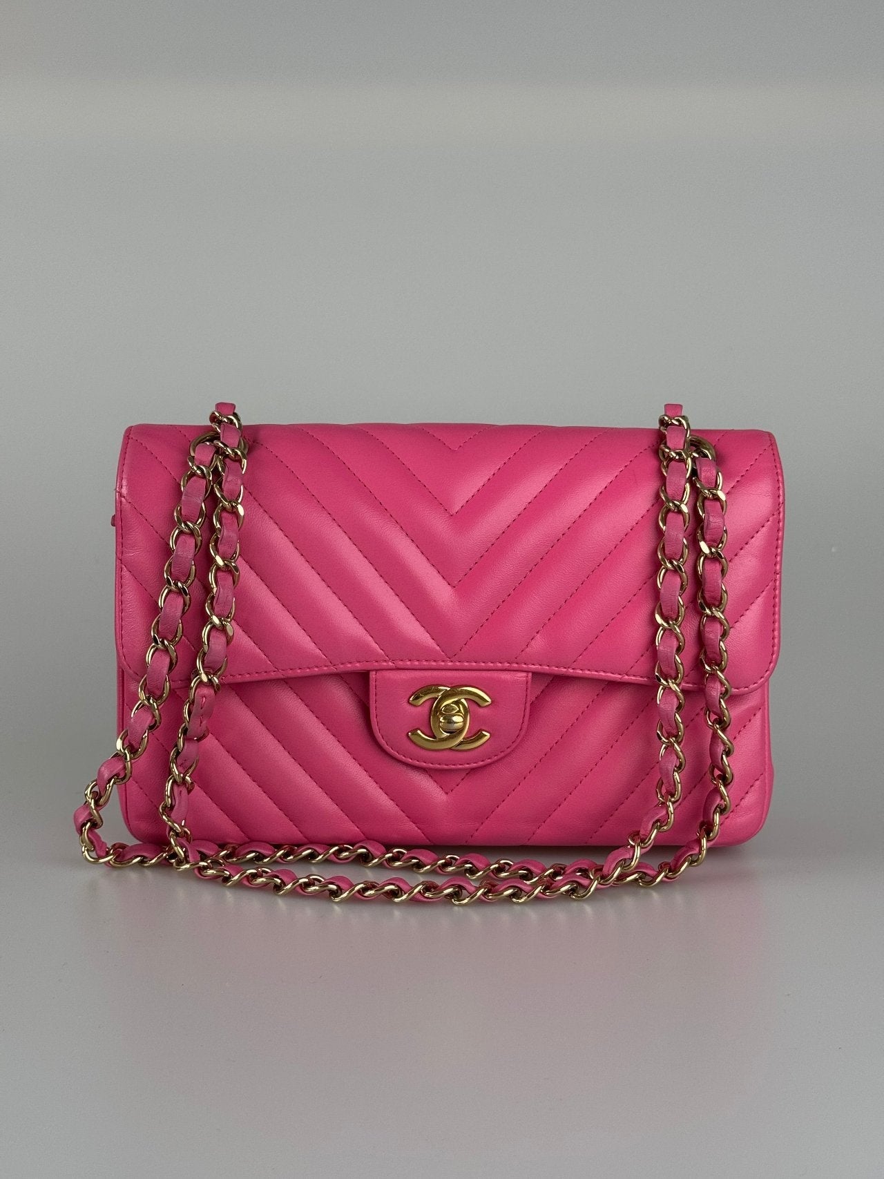 Chanel Small Pink Classic Double Flap Bag in Chevron Lambskin Leather with Gold Hardware