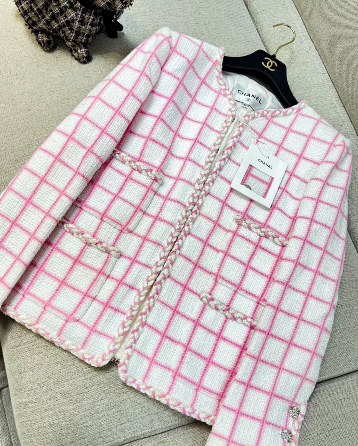 Chanel 23C pink and white four-pocket jacket