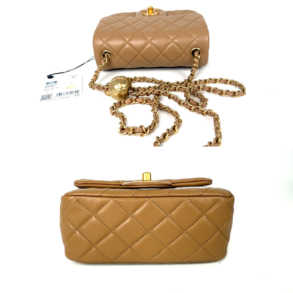 New CHANEL Mini Pearl Crush Lambskin Quilted Dark Beige Flap Crossbody Bag