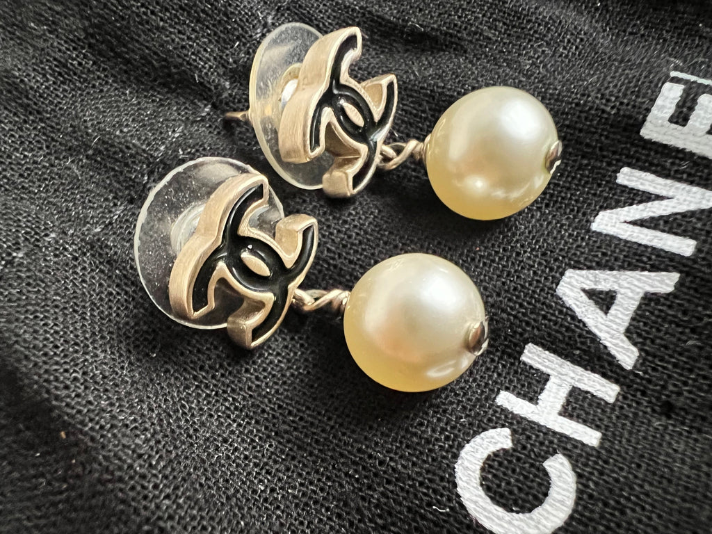 Chanel Black CC Pearl Drop Earrings