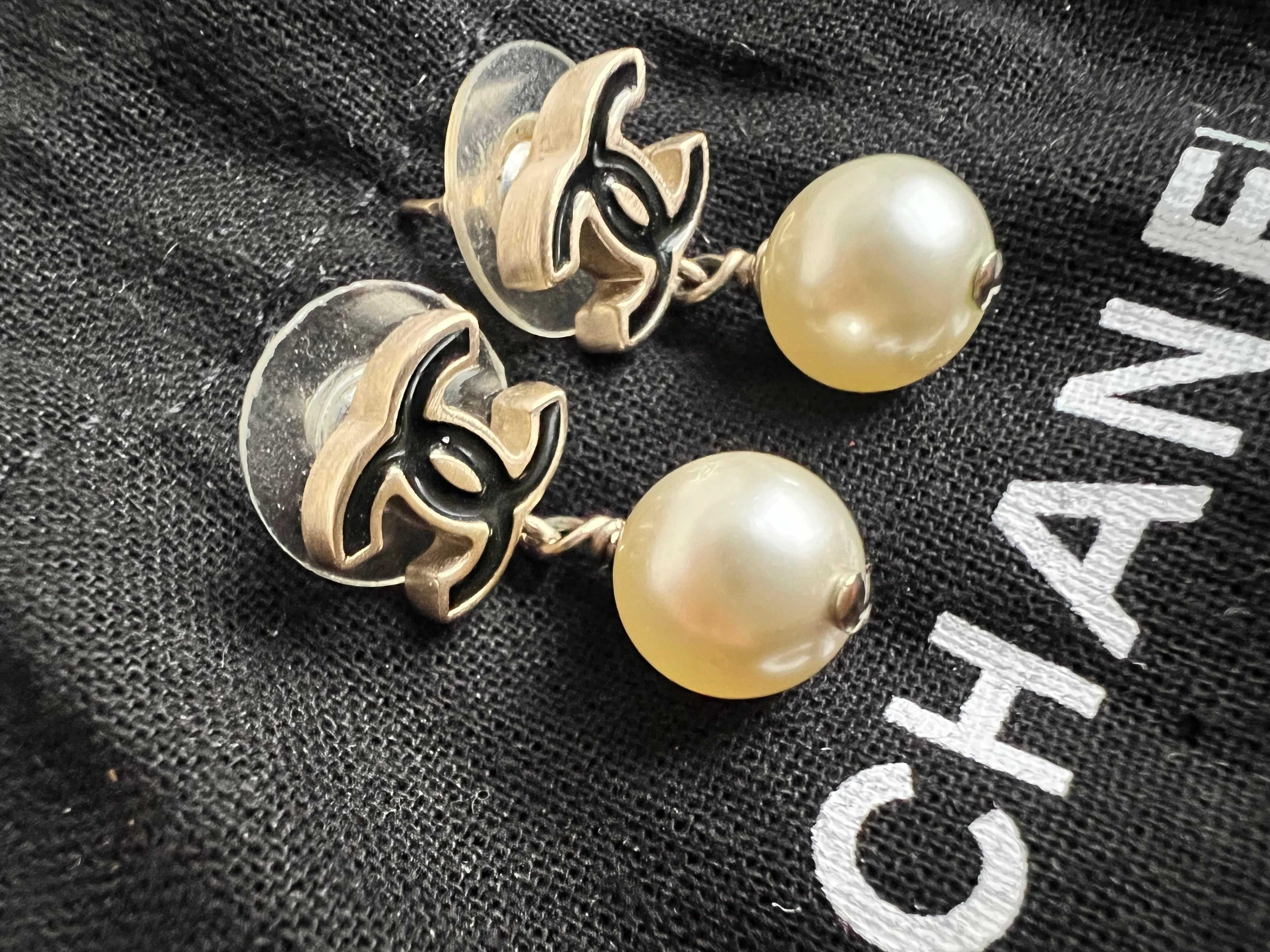 Chanel Black CC Pearl Drop Earrings