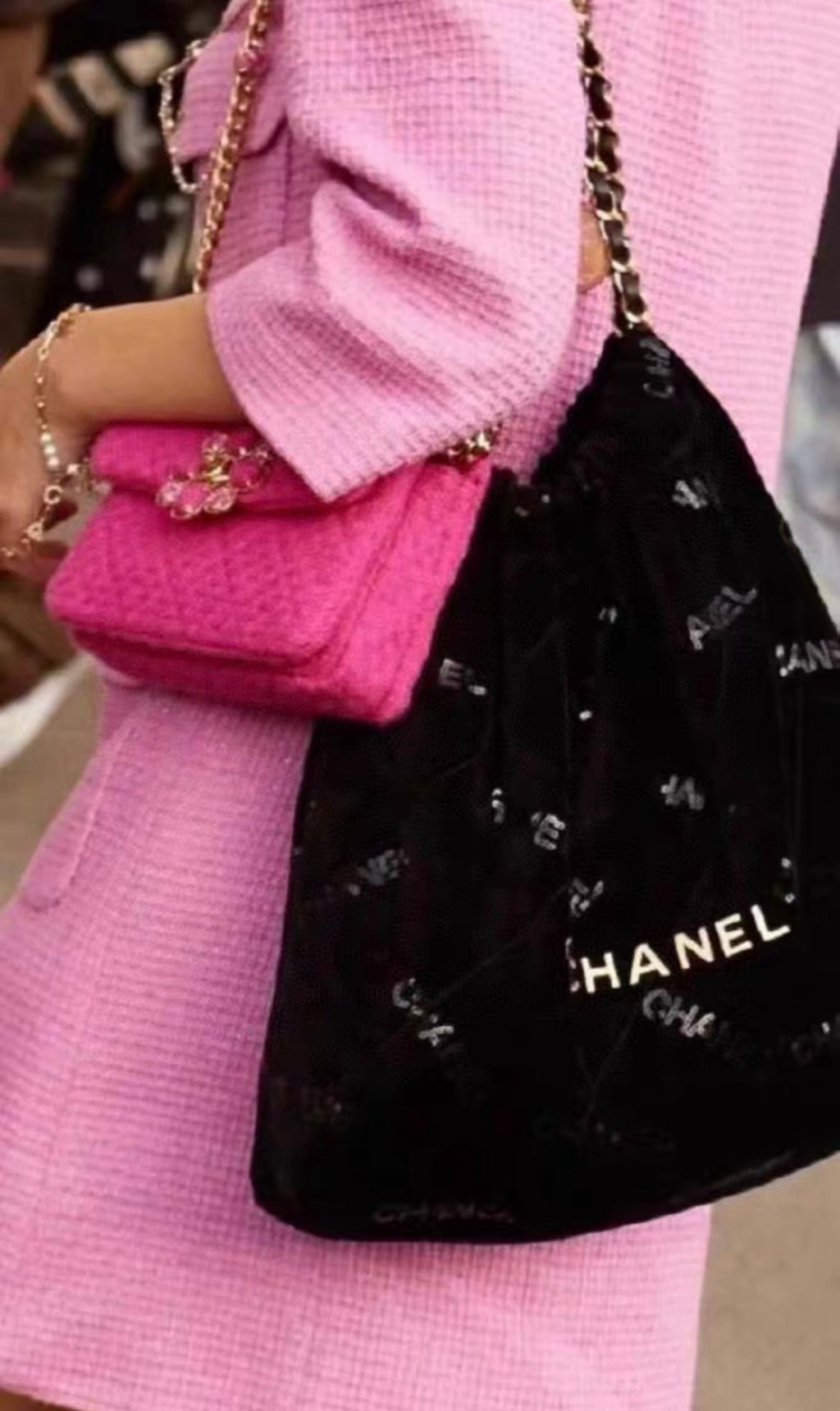 Chanel 22k pink tweed mini flap bag