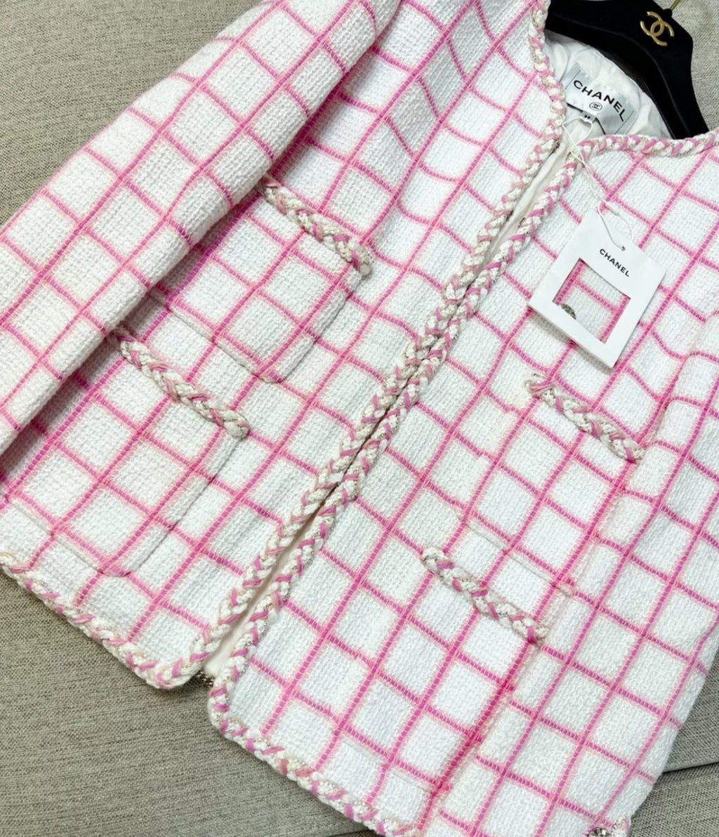 Chanel 23C pink and white four-pocket jacket