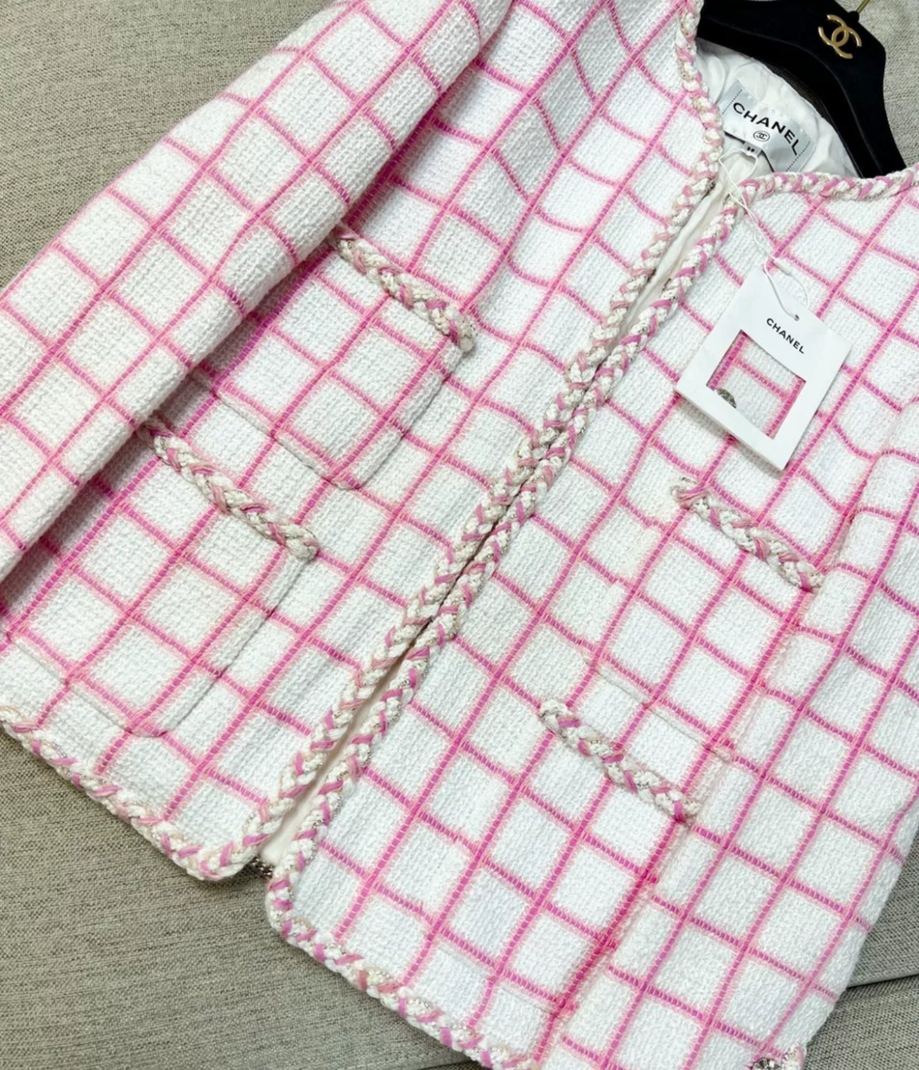 Chanel 23C pink and white four-pocket jacket
