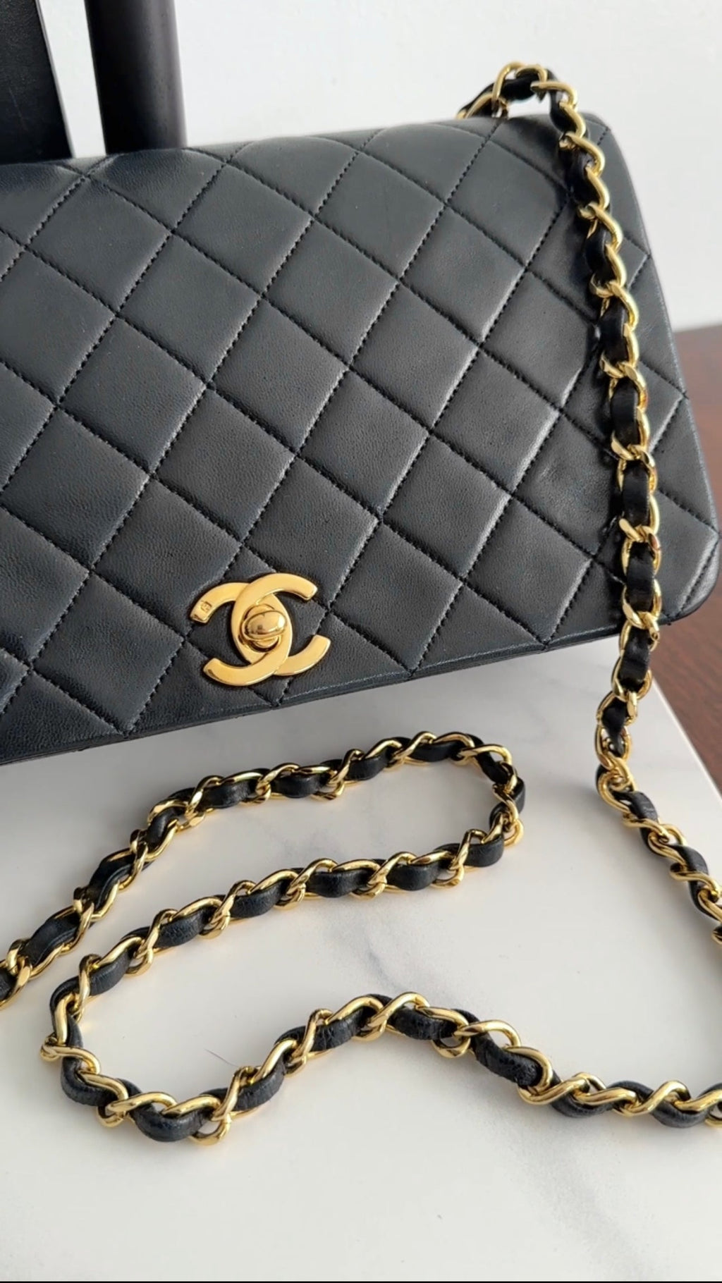 Chanel Vintage 1989 Black Lambskin Leather Full Flap Chain Bag