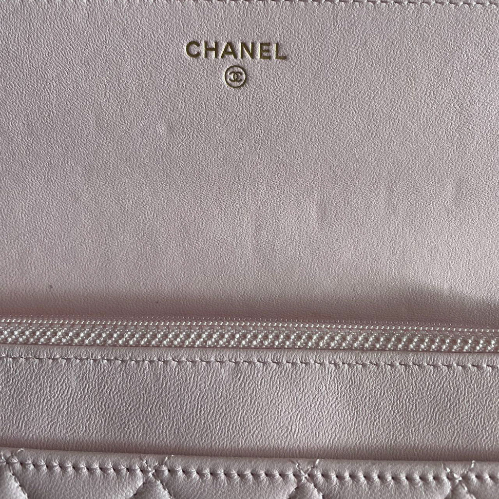 Chanel Baby Pink Wallet on Chain (WOC) in Quilted Lambskin with Pearl Chain – Gold Hardware