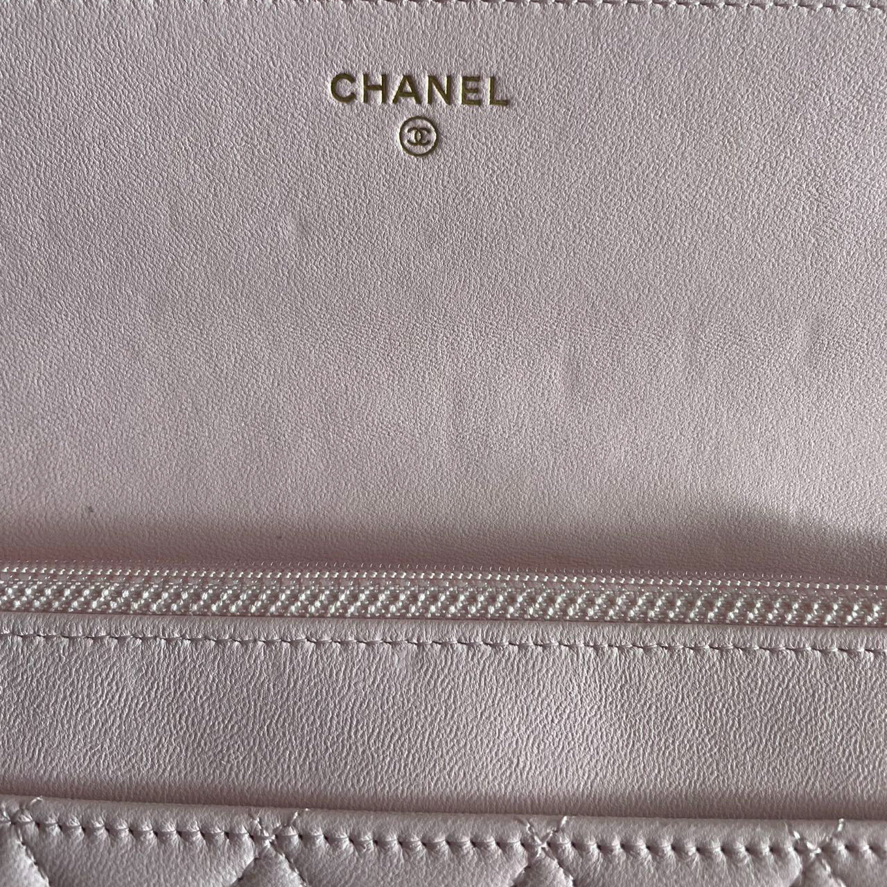Chanel Baby Pink Wallet on Chain (WOC) in Quilted Lambskin with Pearl Chain – Gold Hardware