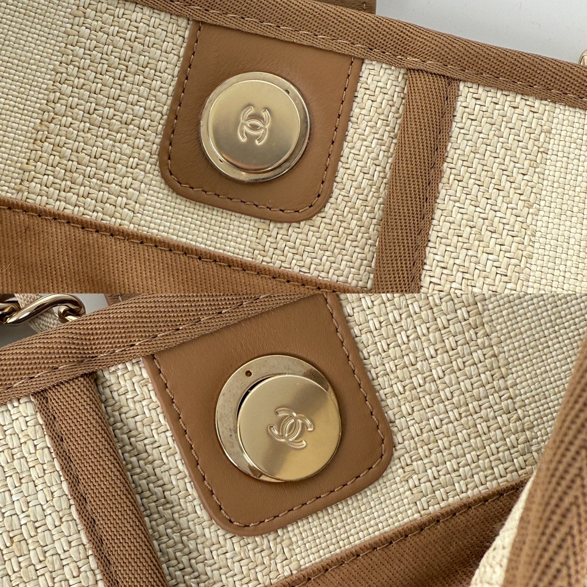 CHANEL Deauville Striped Medium Straw Raffia Beige Tan Shopping Tote