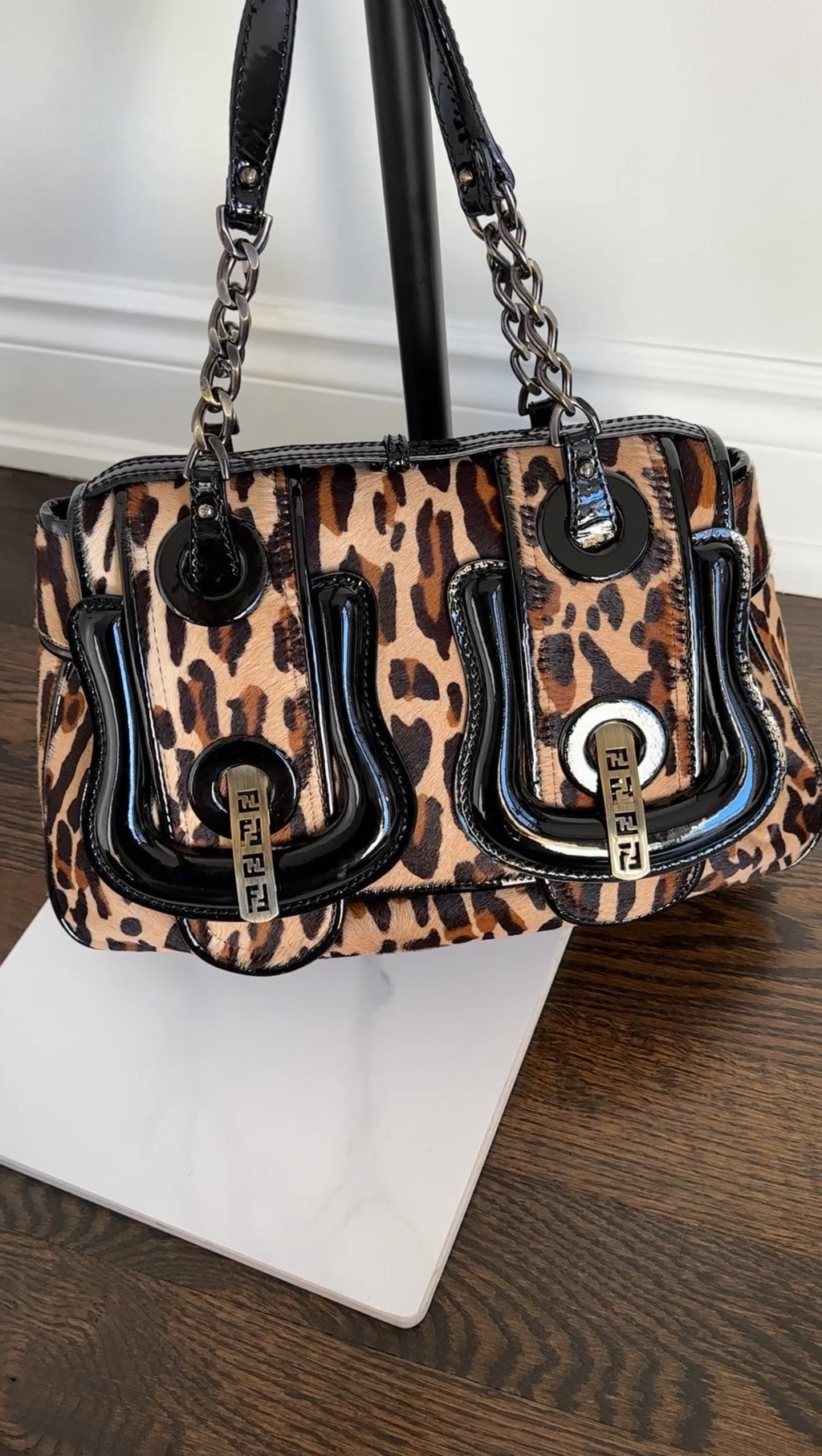 Fendi Vintage 2006 Leopard Print Pony Hair Patent B Bag