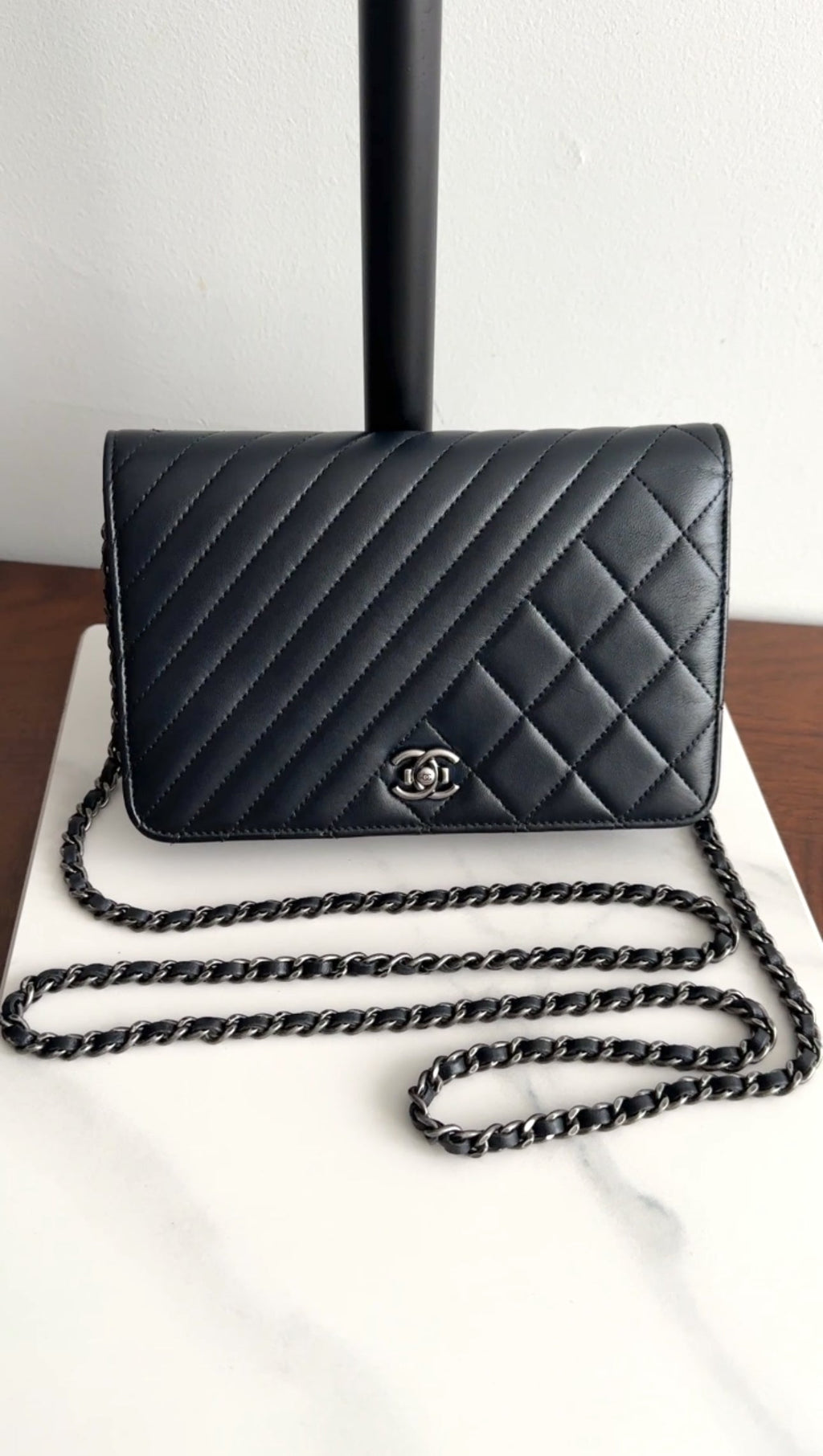 Chanel Coco Boy Black Leather Quilted Wallet on Chain