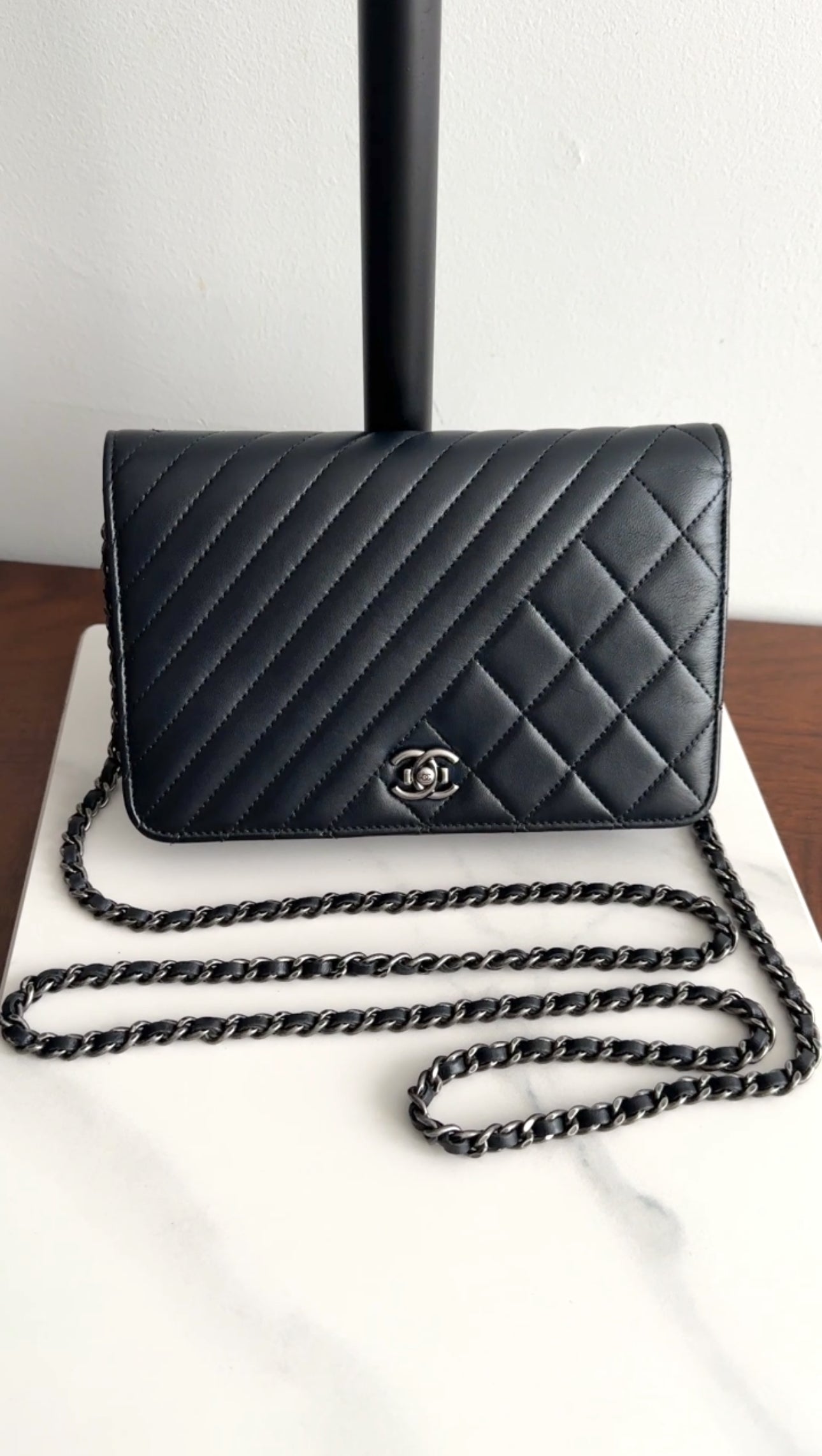Chanel Coco Boy Black Leather Quilted Wallet on Chain