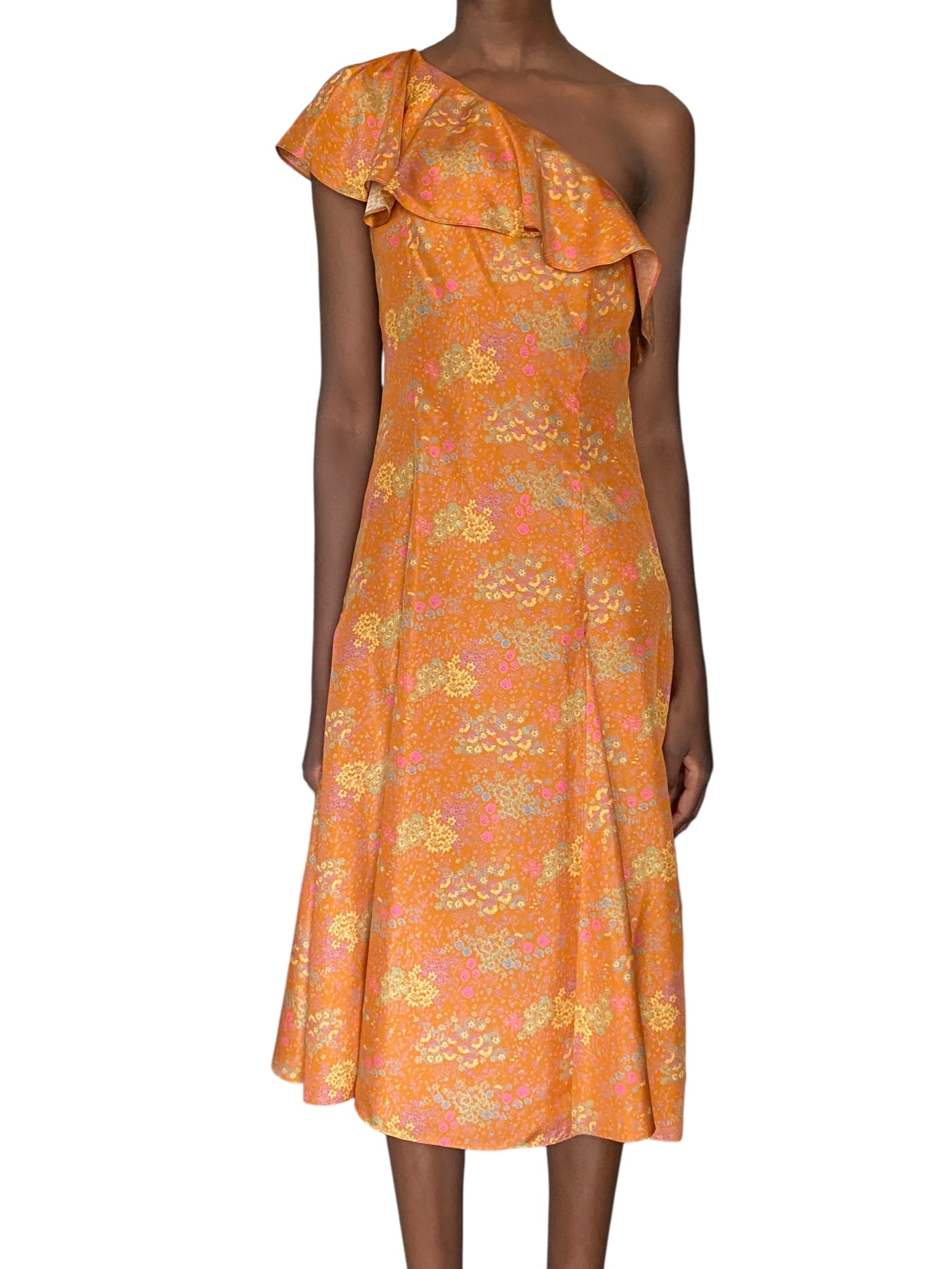 Rebecca Taylor Orange Silk Floral Printed Ruffle Dress - US 2