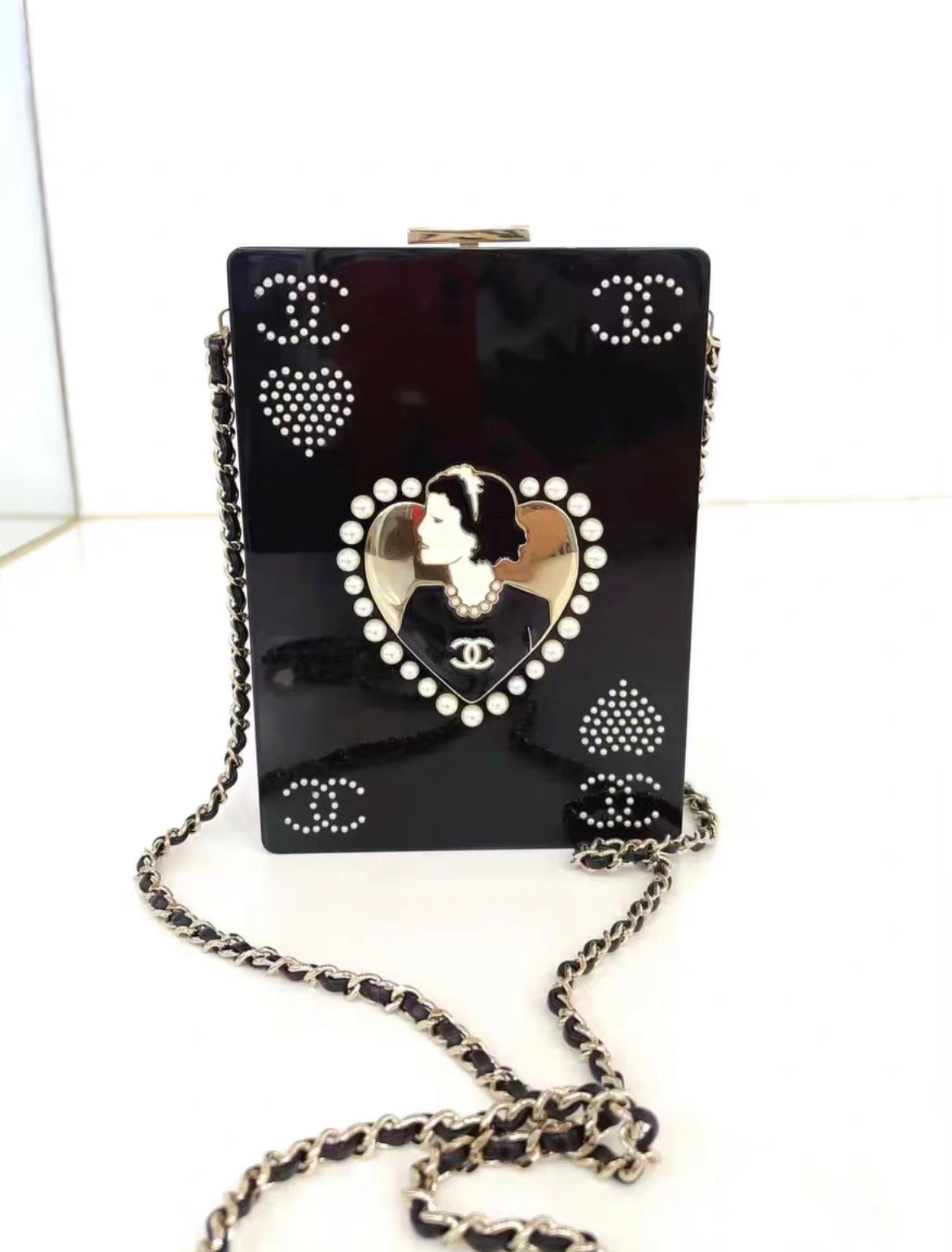 CHANEL Plexiglass Pearl Playing  Casino Minaudiere Clutch Black Gold