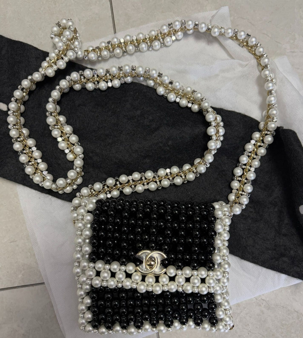 Rare CHANEL 2022 SS BLACK & WHITE FAUX PEARLS LARGE FLAP EVENING BAG WITH GOLD HARDWARE