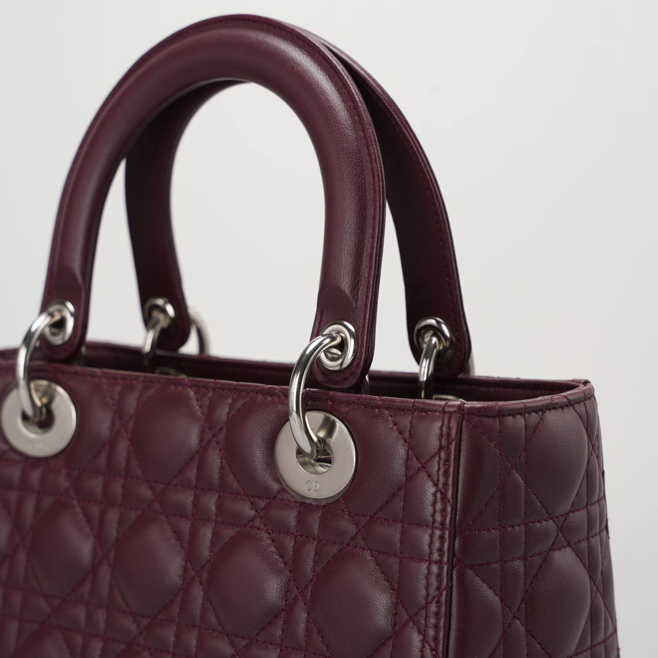 Christian Dior Burgundy Lady Dior Bag in Cannage Lambskin Leather with Silver Hardware Medium LP