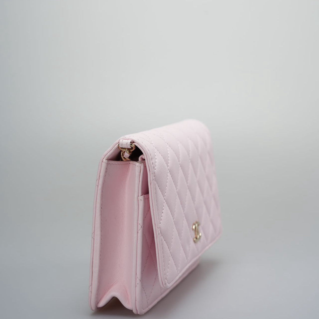 Chanel Baby Pink Wallet on Chain (WOC) in Quilted Lambskin with Pearl Chain – Gold Hardware
