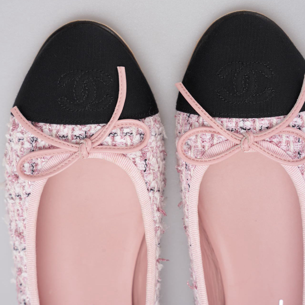Chanel Pink Tweed Ballerina Flats with Black Cap Toe Size 37.5