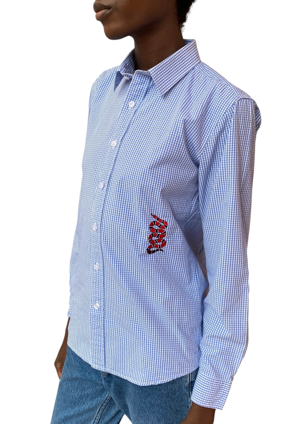 Gucci Blue Checked Snake Embroidered Shirt - US 2