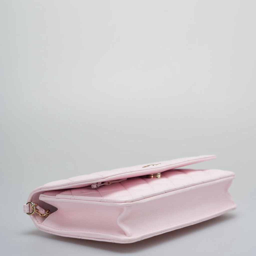 Chanel Baby Pink Wallet on Chain (WOC) in Quilted Lambskin with Pearl Chain – Gold Hardware
