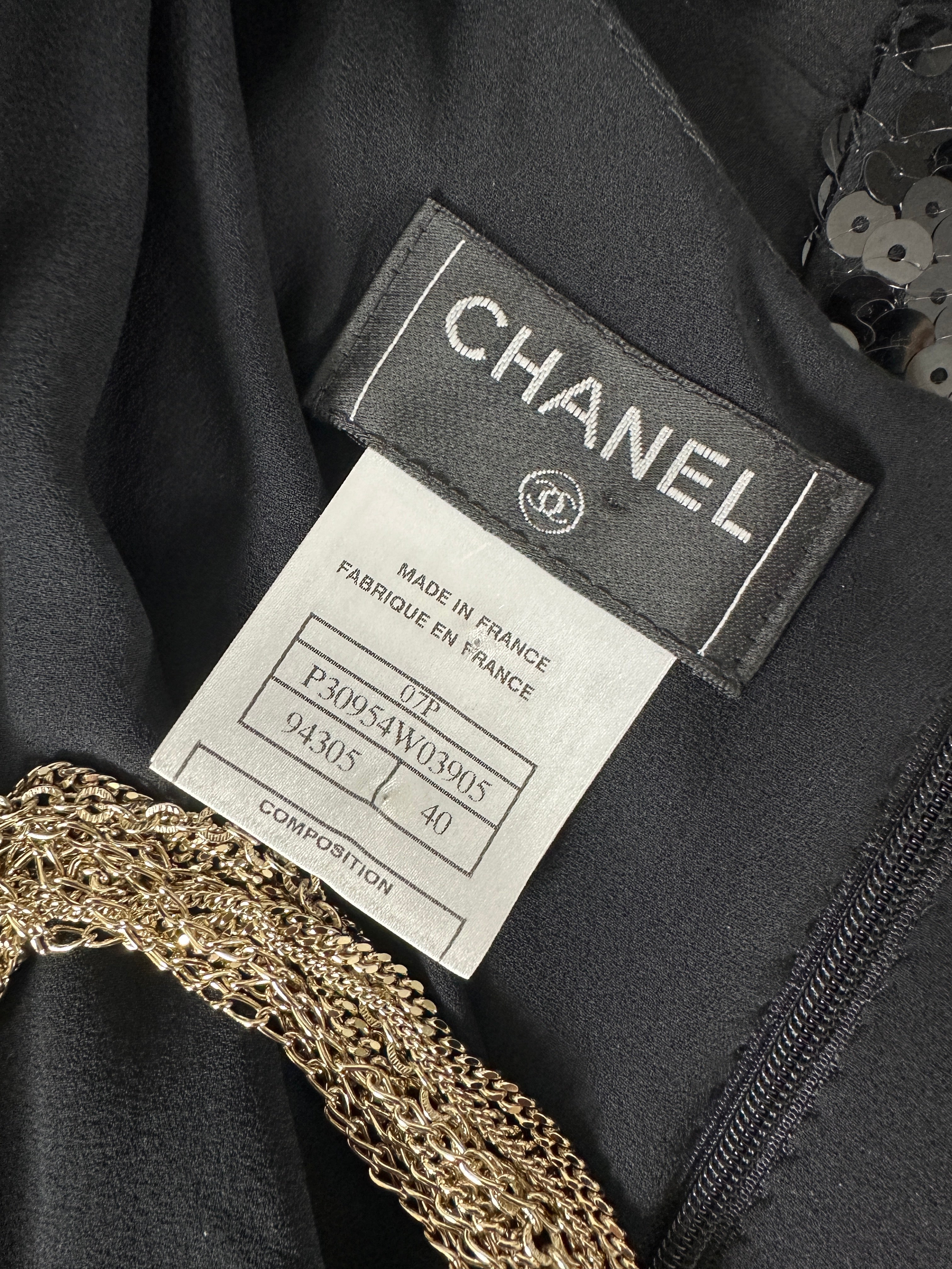 Chanel 07P Black Sequin Flare Dress with Gold Chains - FR40 / M