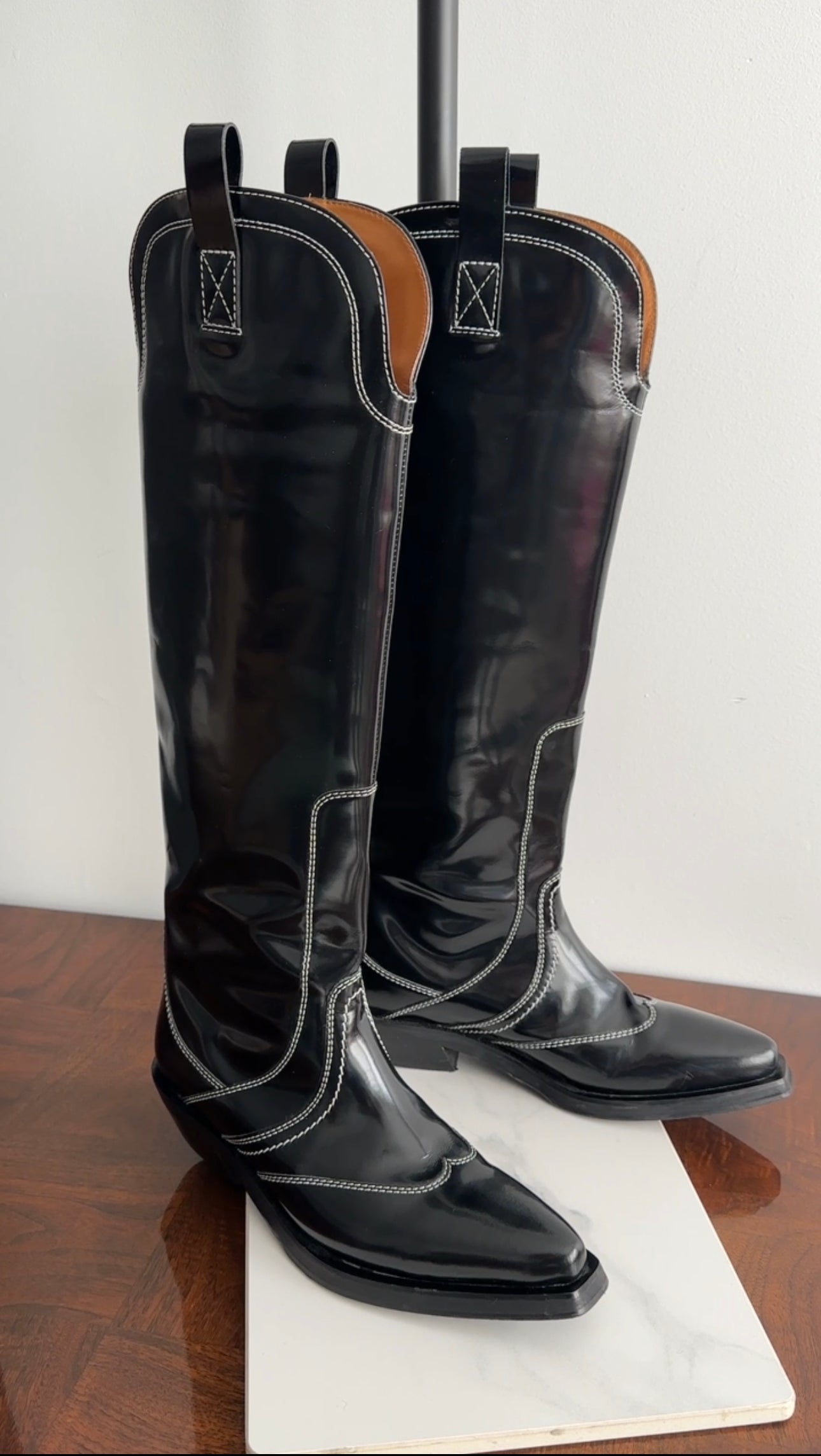 Ganni Black Shiny Leather Top Stitch Tall Western Boots - 40