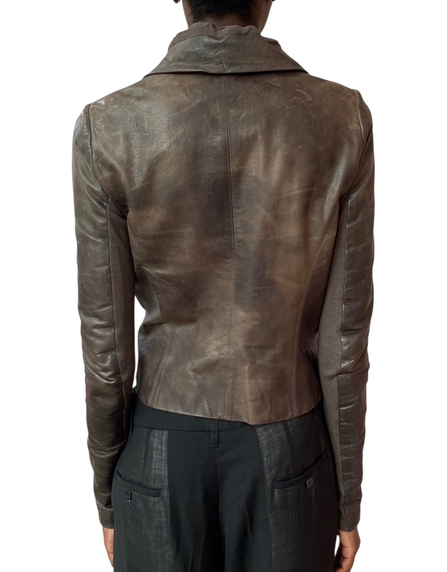 Rick Owens Brown Distressed Leather Biker Jacket - US 8
