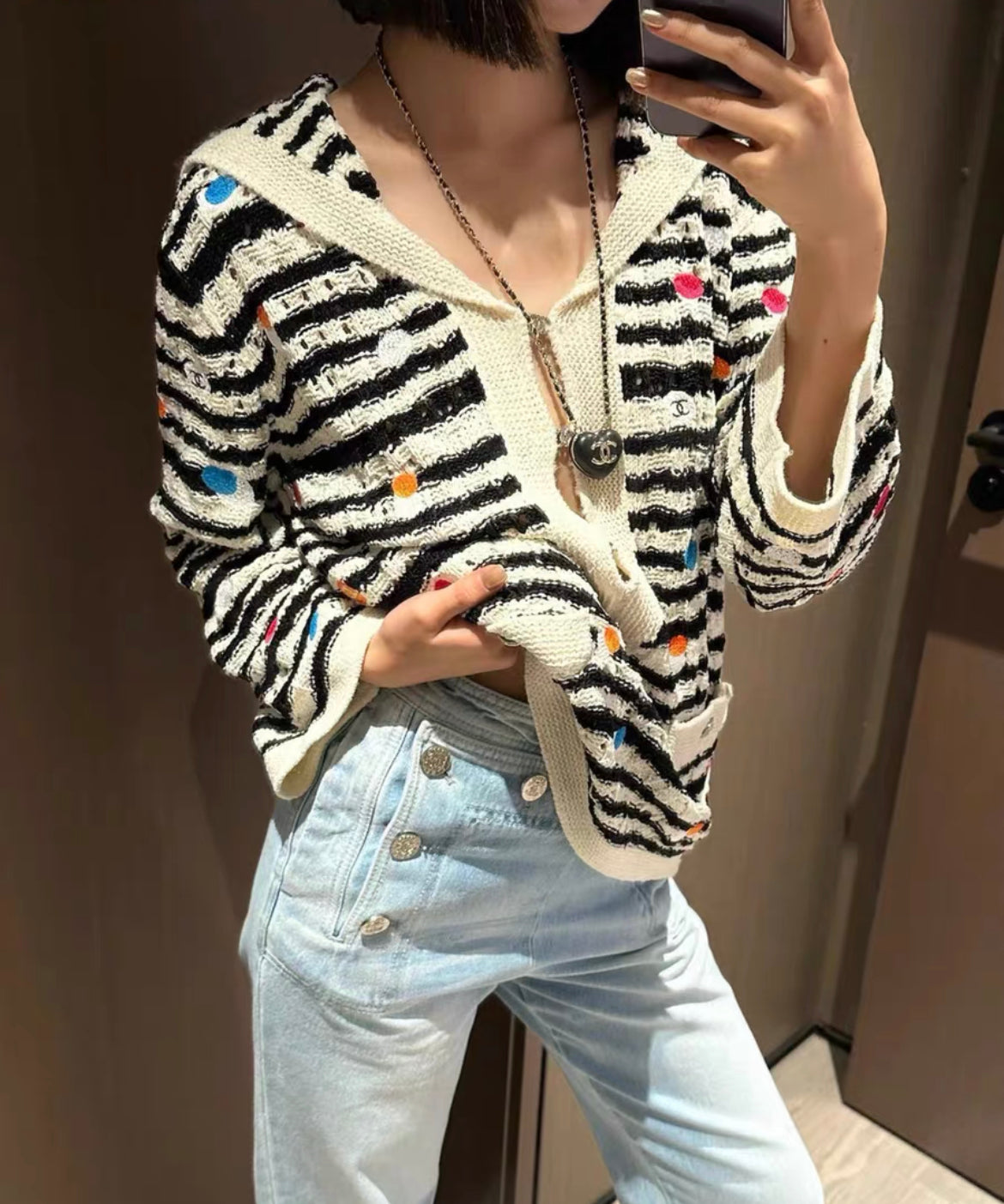 Chanel 24S black and white striped colorful polka dot navy collar knitted top size 36