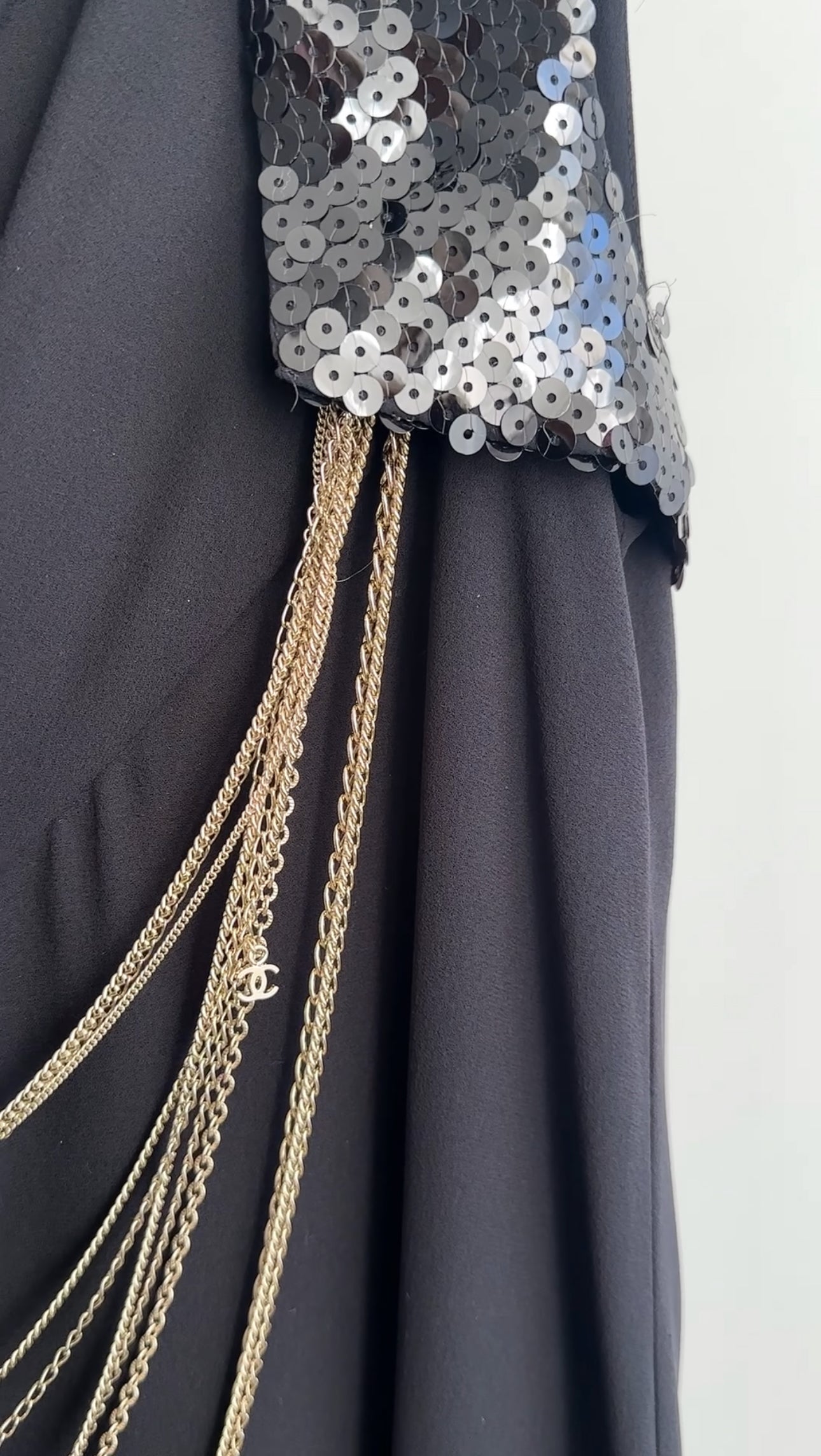 Chanel 07P Black Sequin Flare Dress with Gold Chains - FR40 / M