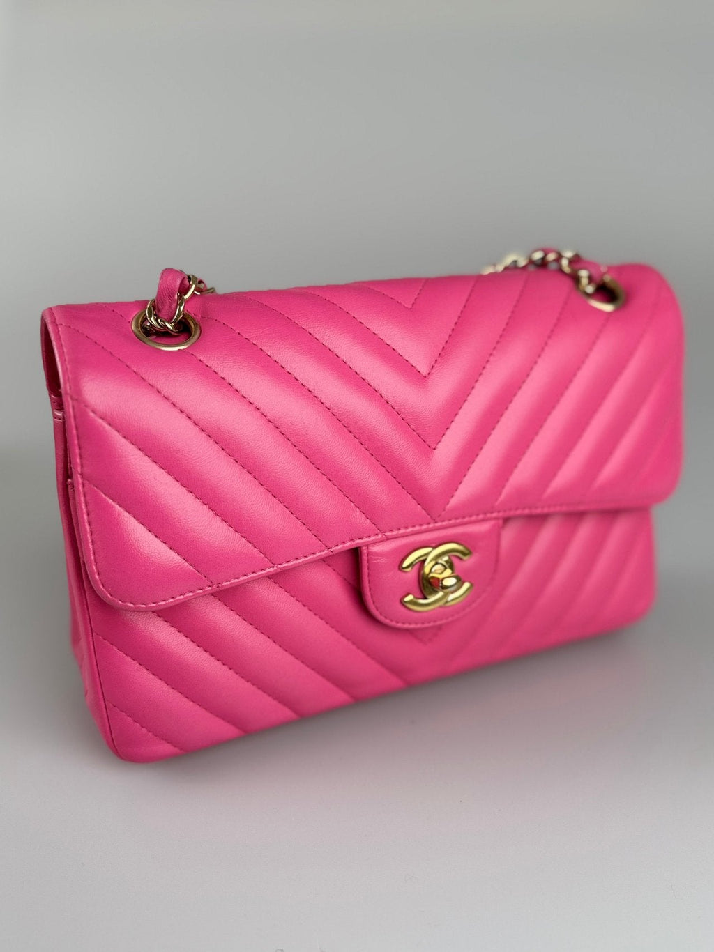 Chanel Small Pink Classic Double Flap Bag in Chevron Lambskin Leather with Gold Hardware