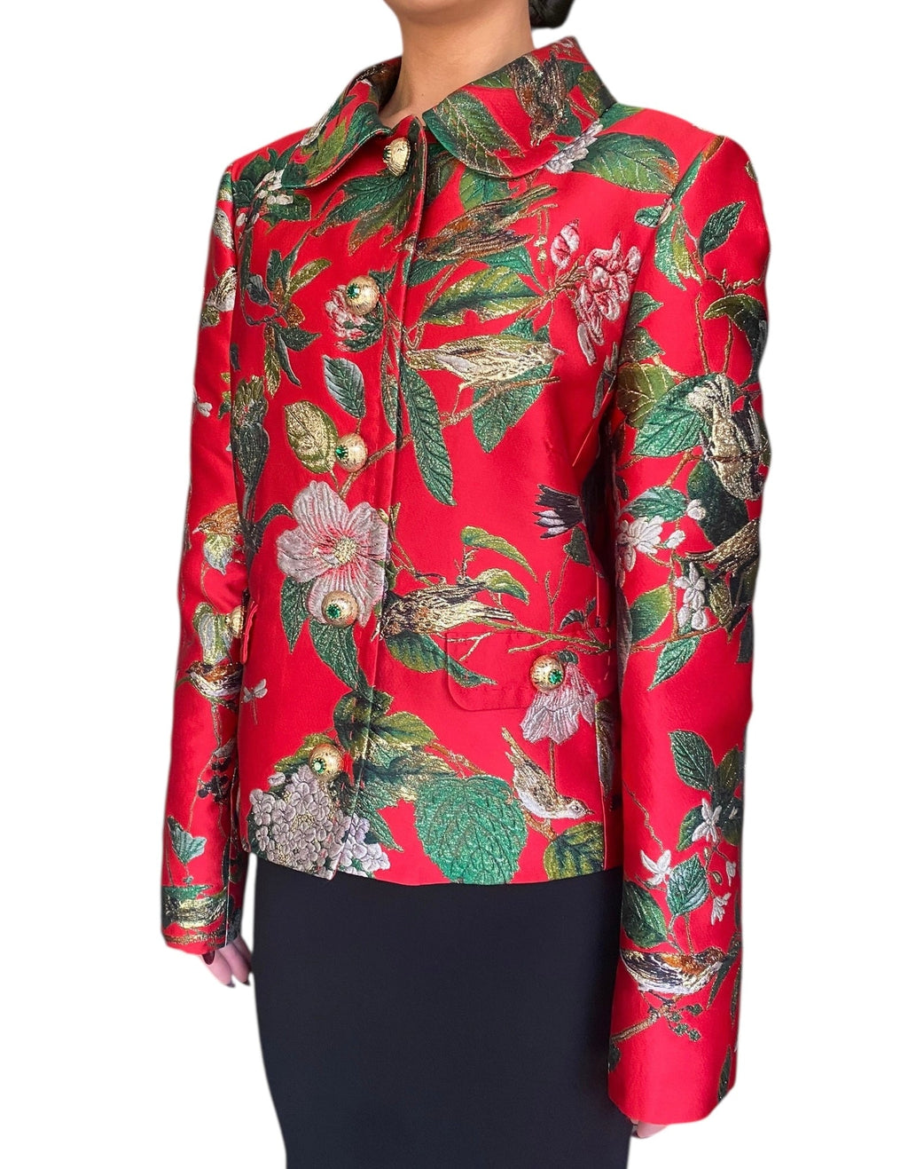 Dolce &amp; Gabbana Red Jacquard Floral Embroidered Jacket - 48 / US 12