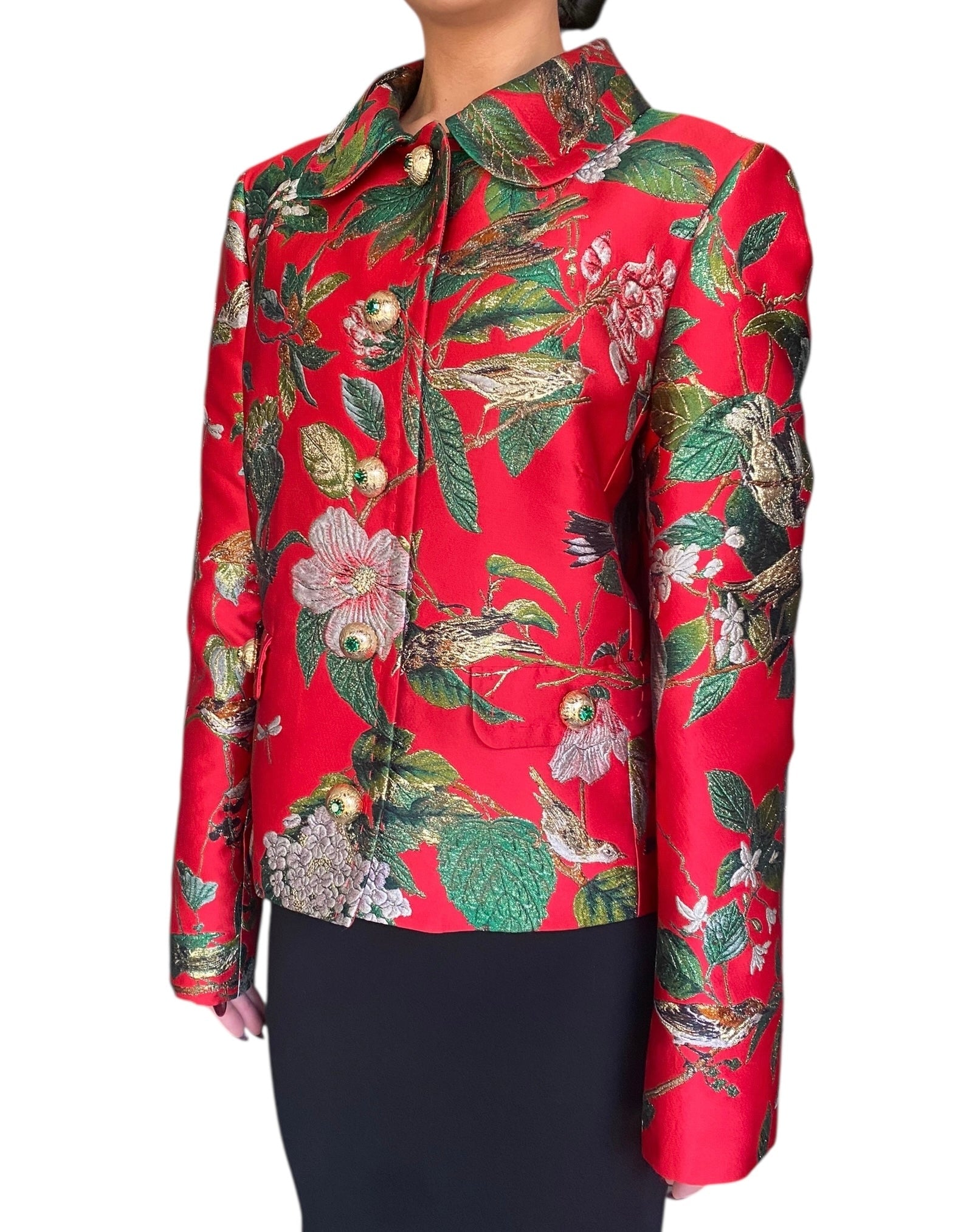 Dolce &amp; Gabbana Red Jacquard Floral Embroidered Jacket - 48 / US 12