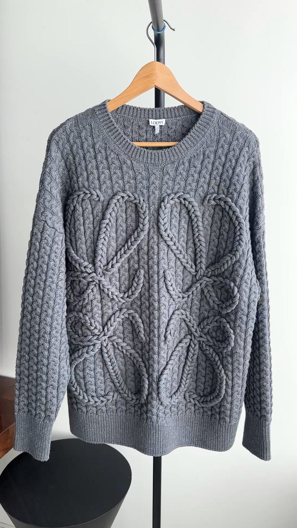 Loewe Charcoal Grey Cable Knit Wool Anagram Logo Pullover Sweater
