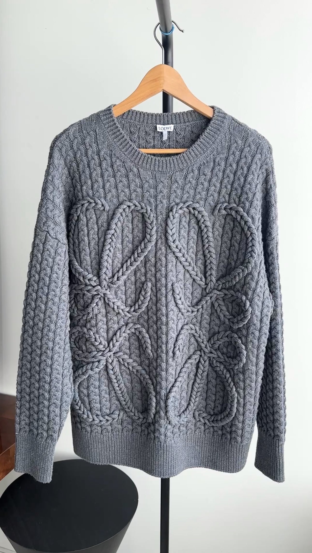 Loewe Charcoal Grey Cable Knit Wool Anagram Logo Pullover Sweater
