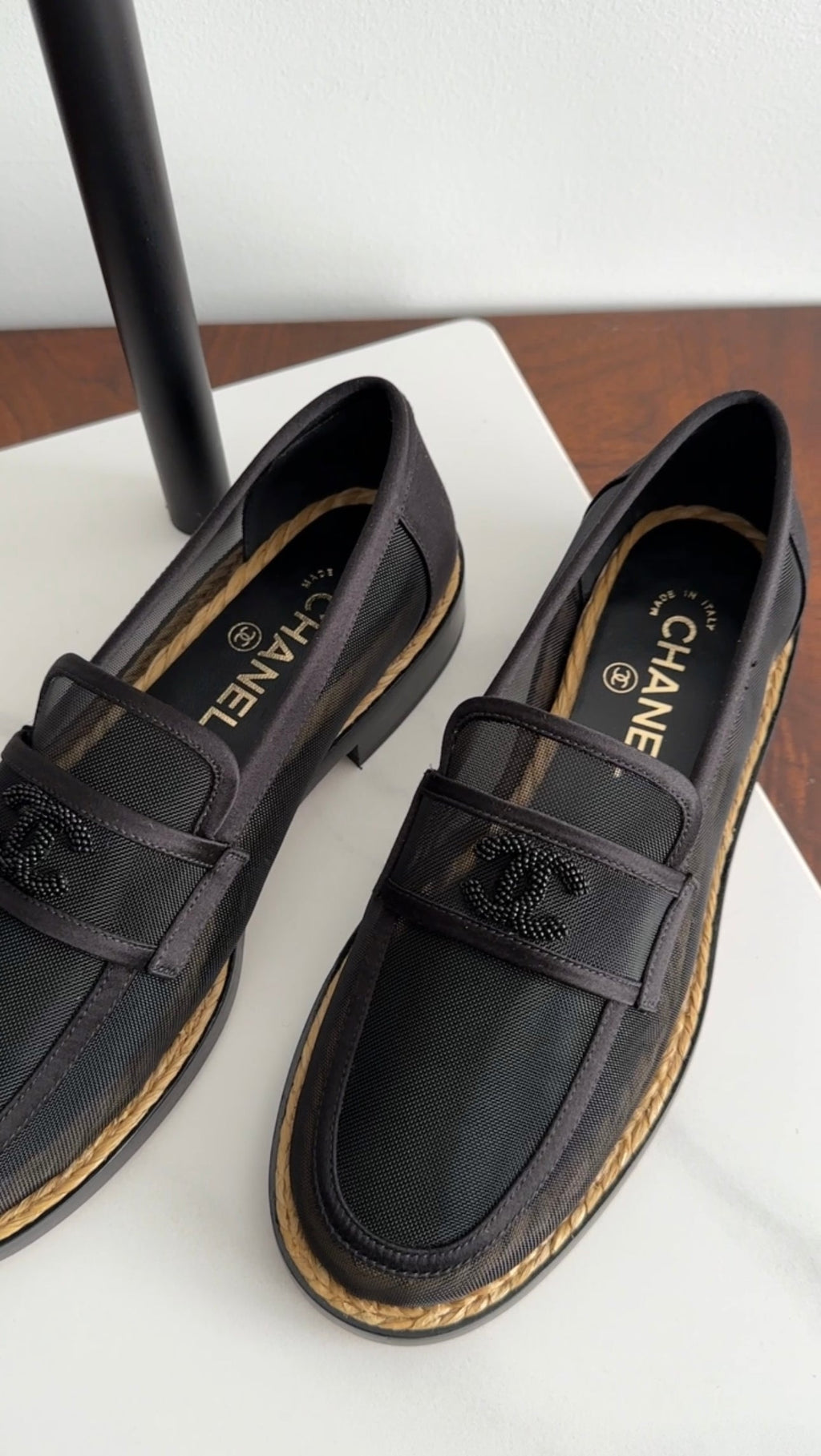 Chanel 2022 Black Mesh Beaded CC Loafers - 37 (EU37.5)
