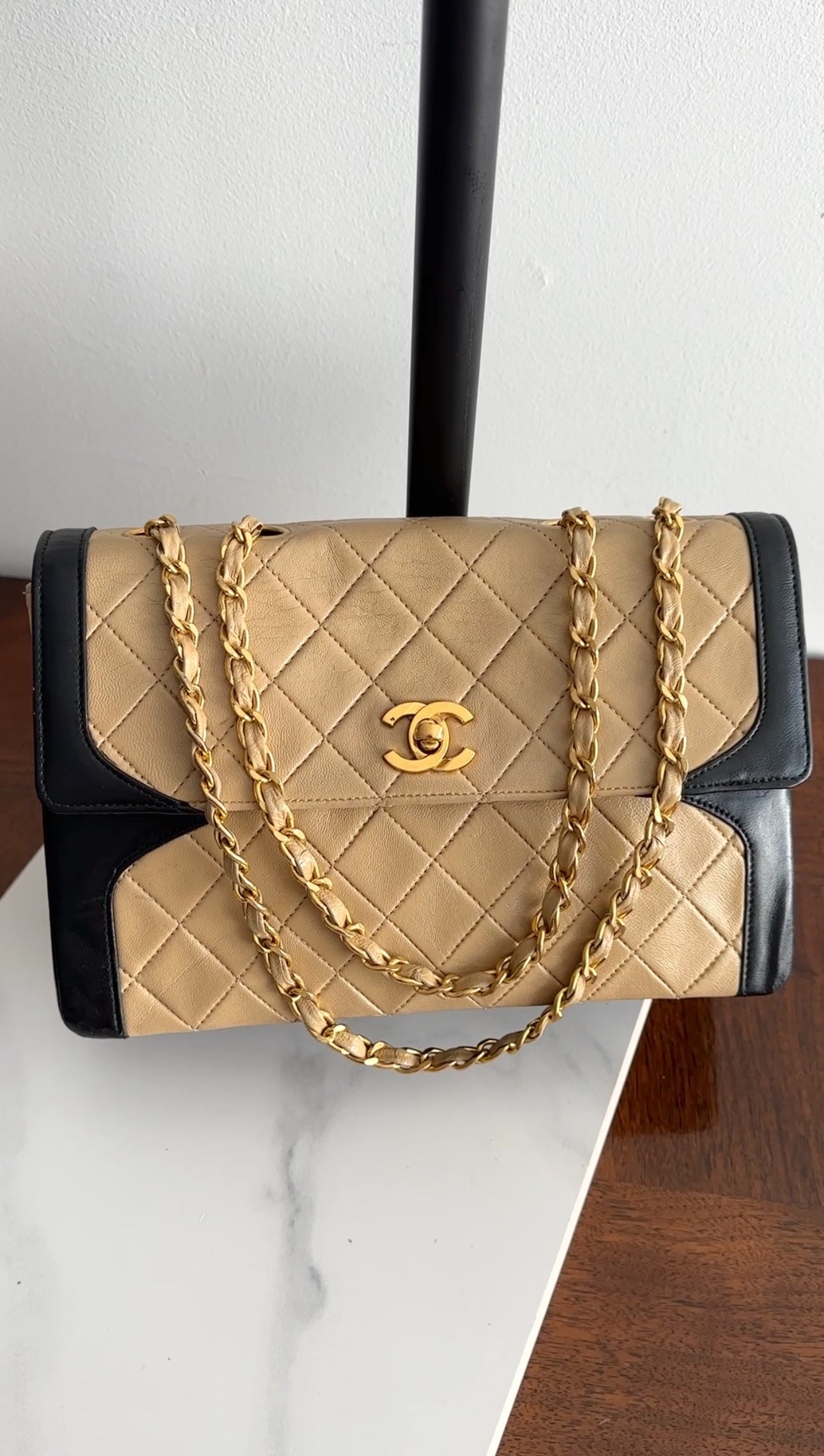 Chanel Vintage 1989 Beige and Black Two-Tone Medium Flap Bag