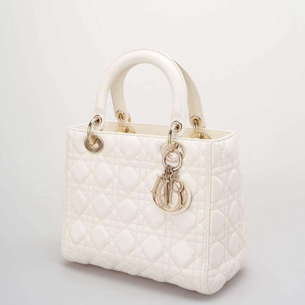 Christian Dior White Medium Lady Dior Bag in Cannage Lambskin Leather with Gold Hardware