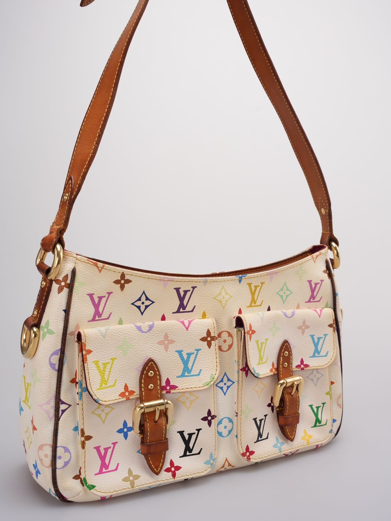 Louis Vuitton Takashi Murakami White Multicolore Monogram Coated Canvas Petit Noe Bag Gold Hardware