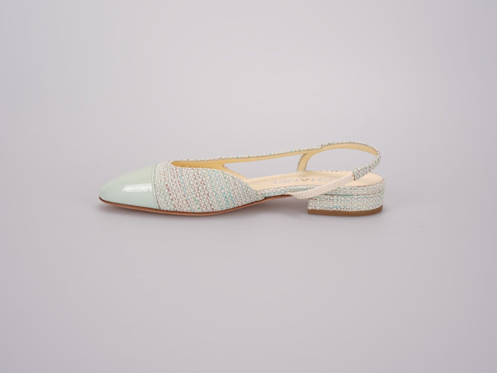 Chanel Light Green Tweed Slingback Patent Cap Toe Ballerinas 36