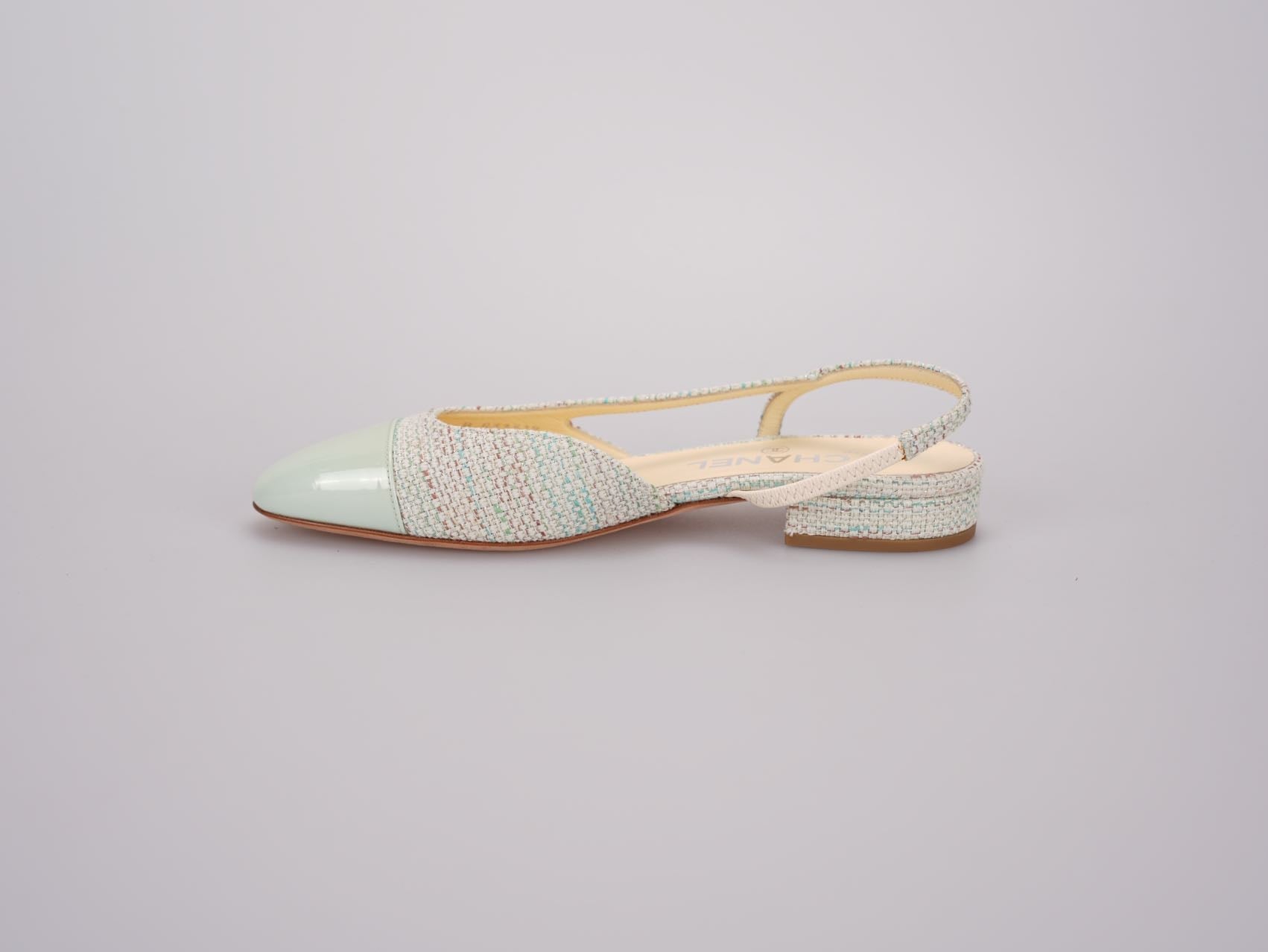 Chanel Light Green Tweed Slingback Patent Cap Toe Ballerinas 36